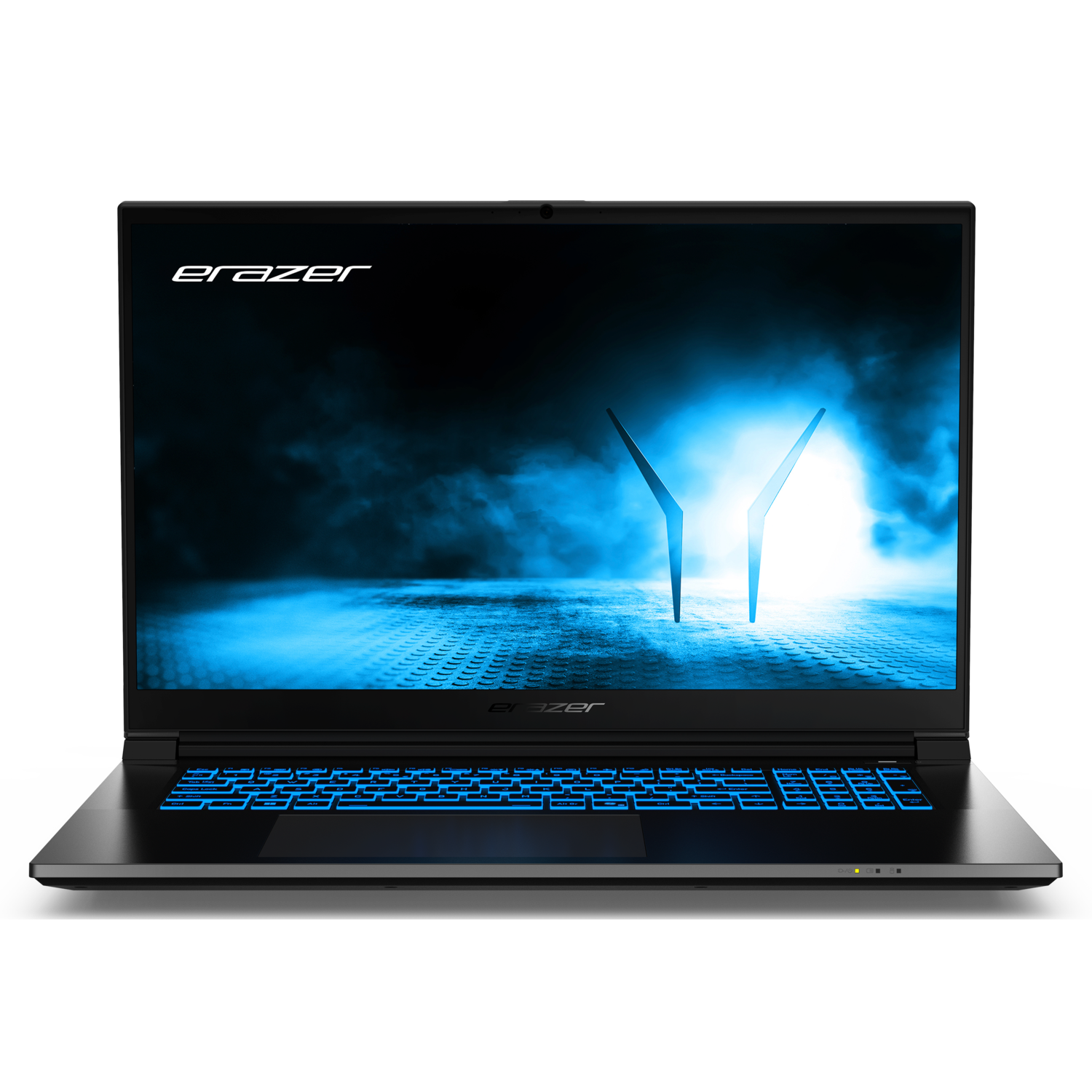Een zwarte laptop met een blauw verlicht toetsenbord. Het scherm toont een blauw en zwart ontwerp. De merknaam "Erazer" is zichtbaar.