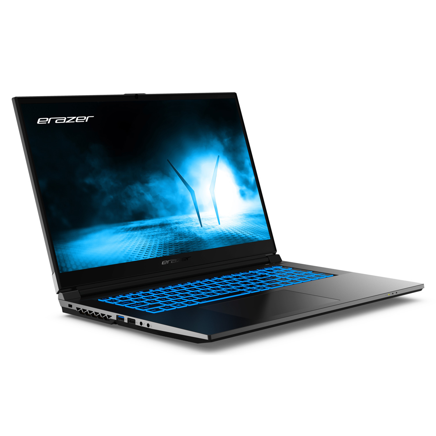 Een zwarte en zilveren laptop met een blauw oplichtend toetsenbord staat open op een witte achtergrond. Het scherm toont een blauwe afbeelding.