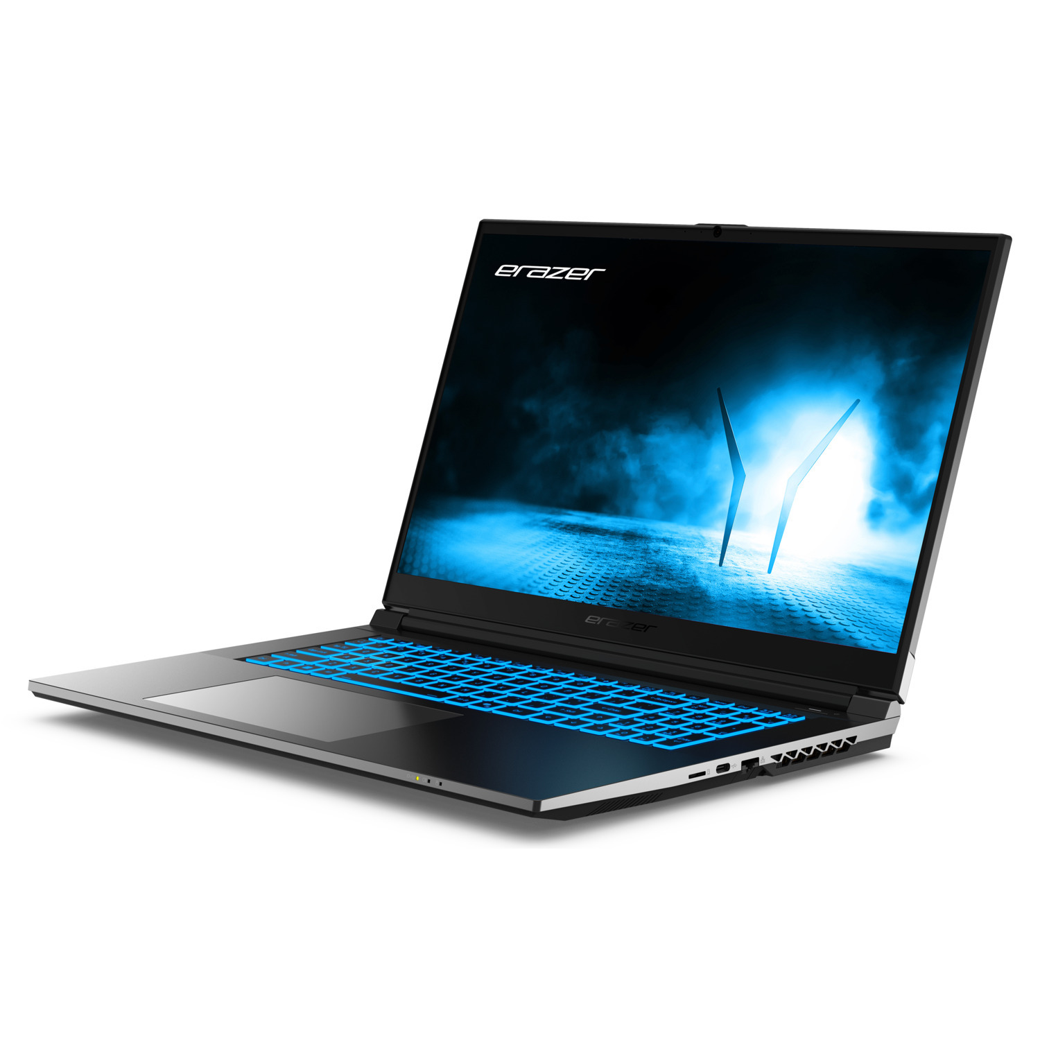 Een zwarte en zilveren laptop met een blauw verlicht toetsenbord en scherm met een blauw abstract ontwerp. De laptop is open en schuin geplaatst.