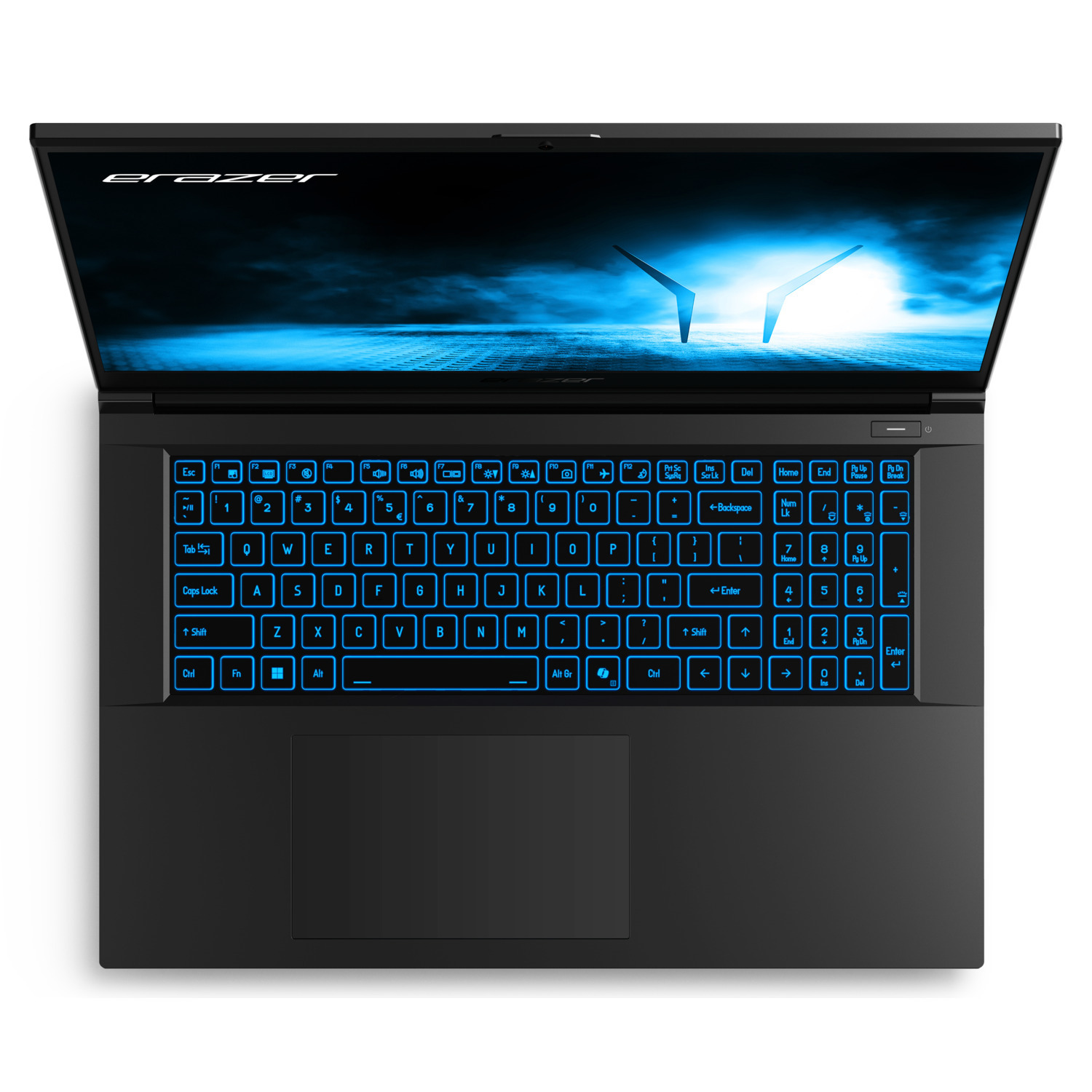 Zwarte laptop met blauw verlicht toetsenbord. Het scherm toont een blauw abstract ontwerp. De merknaam is "eazer".