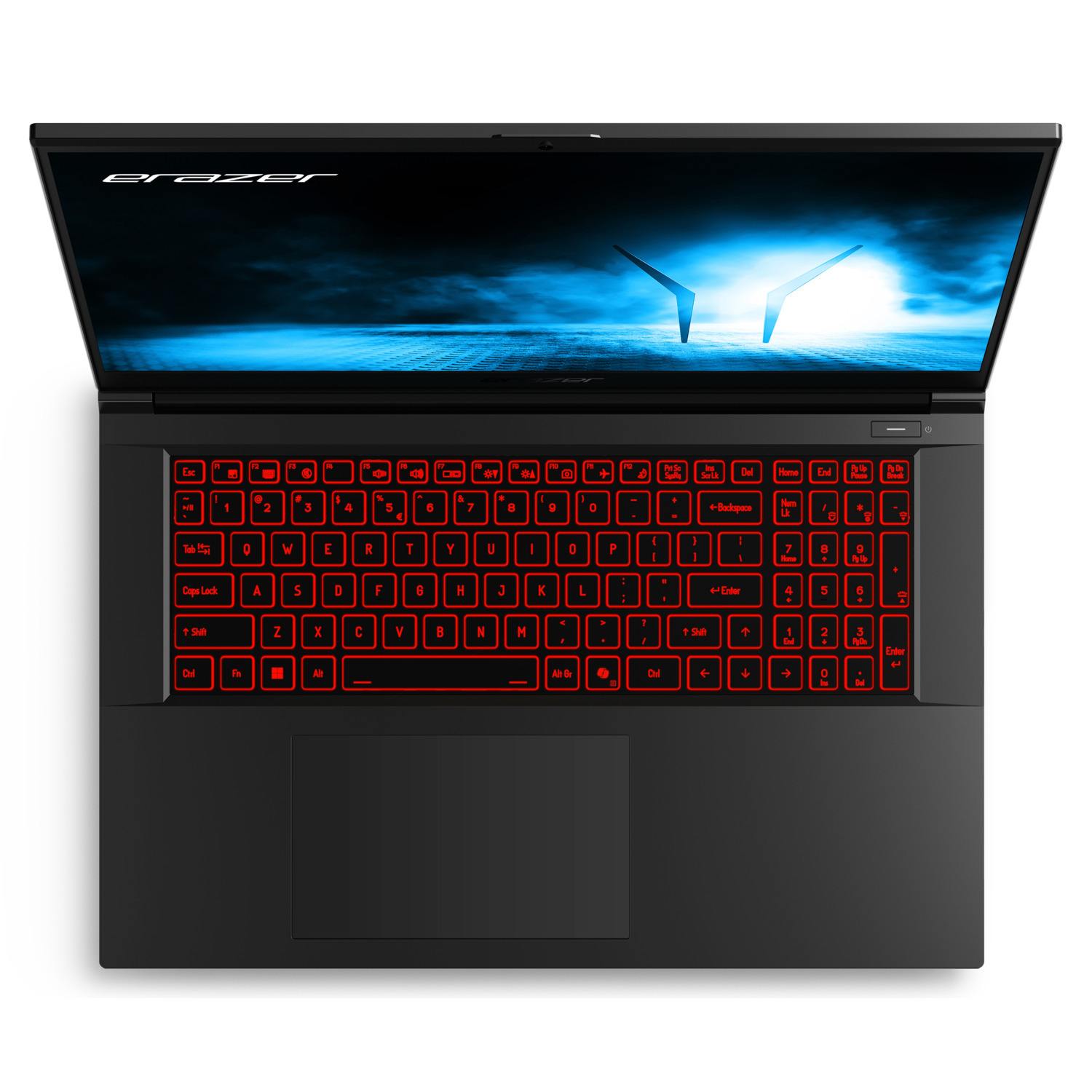 Zwarte laptop met rode verlichte toetsenbord, open. Het scherm toont blauwe abstracte vormen. De laptop staat op een wit oppervlak.