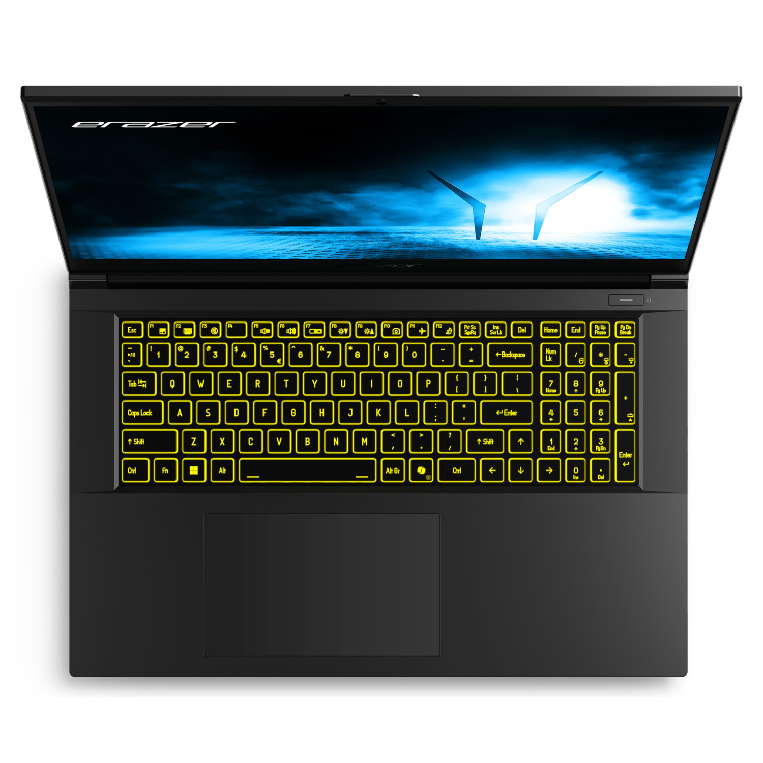Zwarte laptop met geel verlicht toetsenbord. Scherm toont blauwe afbeelding. Woord 'erazer' bovenaan. Witte achtergrond.