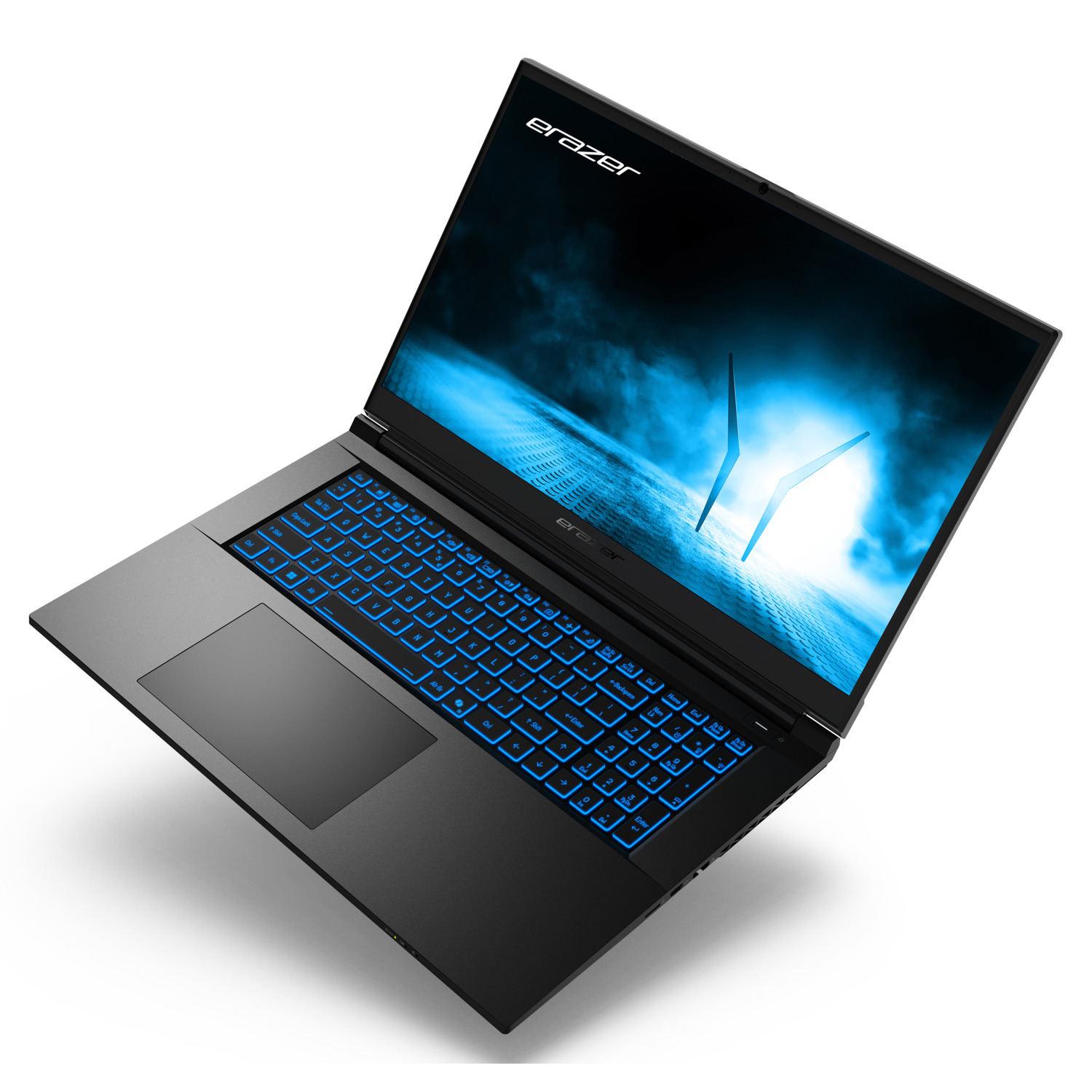 Zwarte laptop met blauw verlicht toetsenbord en scherm met blauw abstract ontwerp. Het merk is 'erazer'.