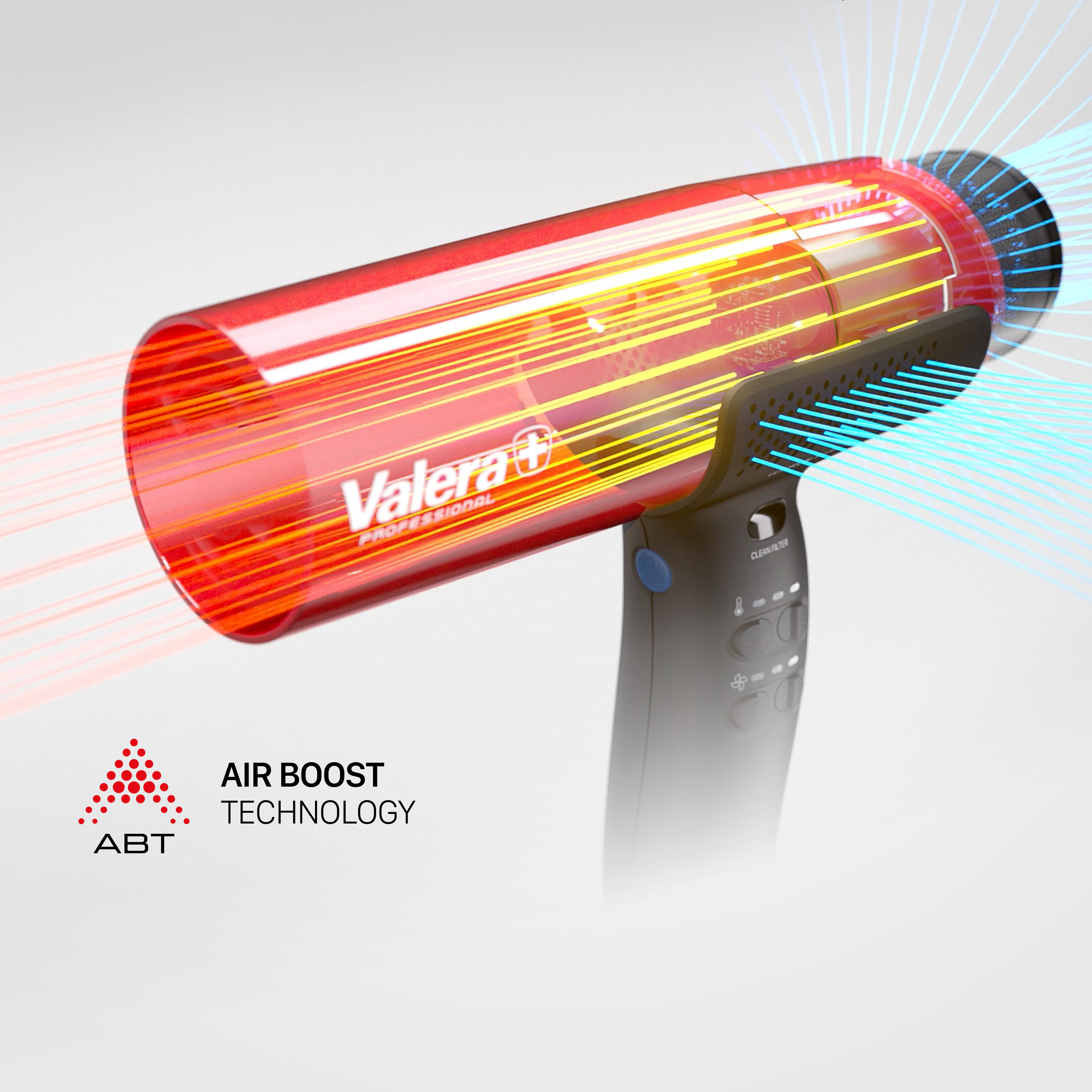 Haartrockner mit roter Düse. Luftstromlinien. Valera Professional Logo. ABT Technology Text.