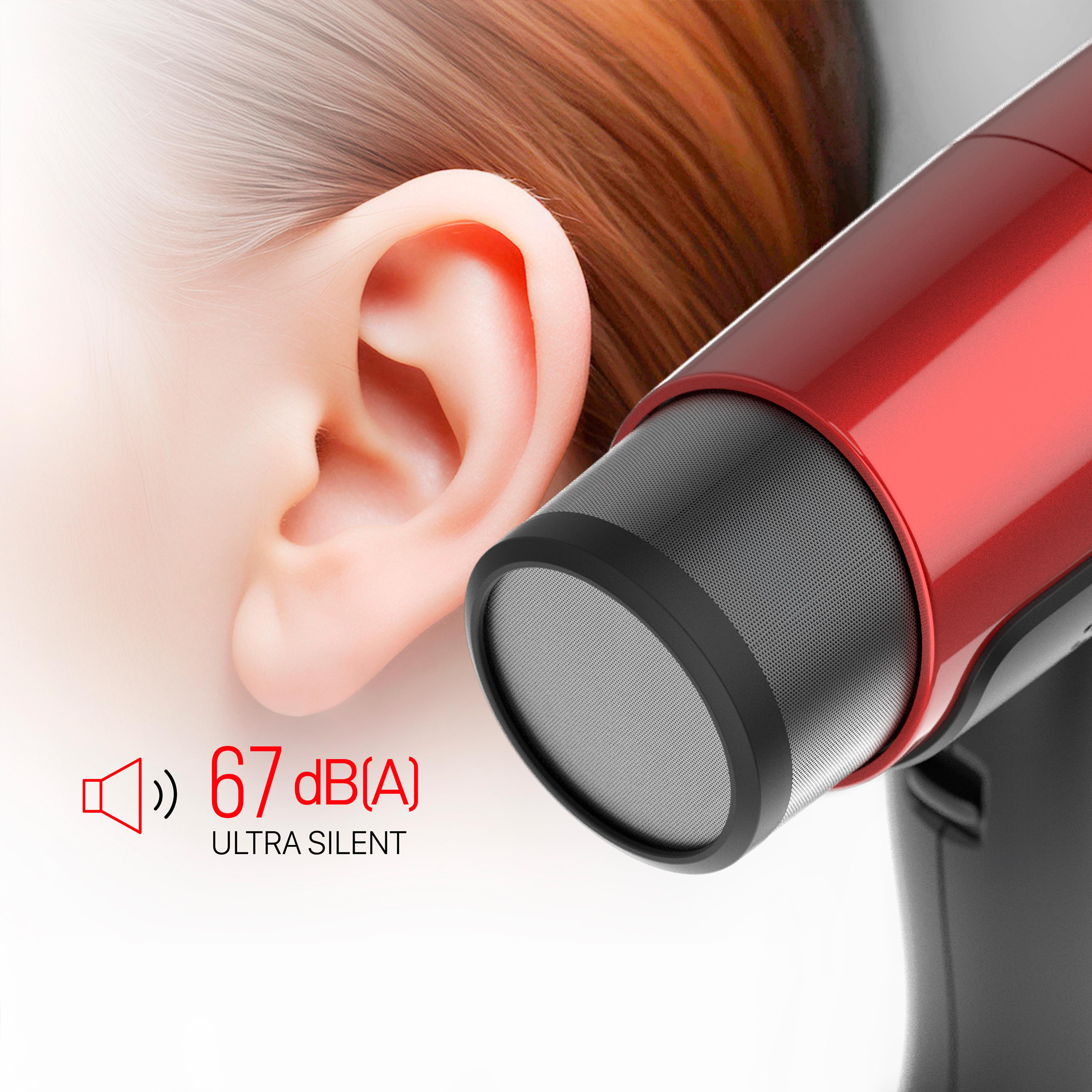 Das Bild zeigt ein Ohr neben einem rot-schwarzen Gerät. Der Text lautet '67 dB(A) ULTRA SILENT' mit einem Tonsymbol.