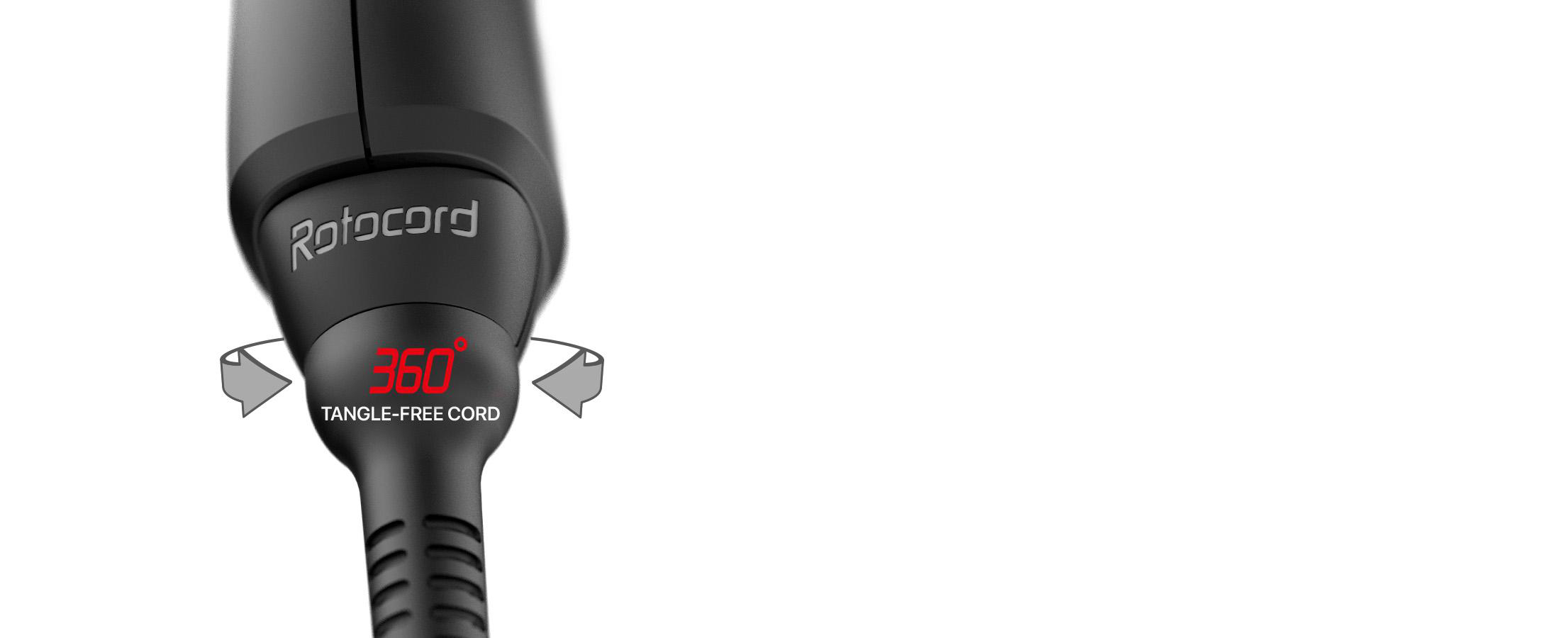 Schwarzes Haarstyling-Tool mit dem Text 'Rotocord'. Es hat ein 360-Grad-Kabelsystem. Weißer Hintergrund.