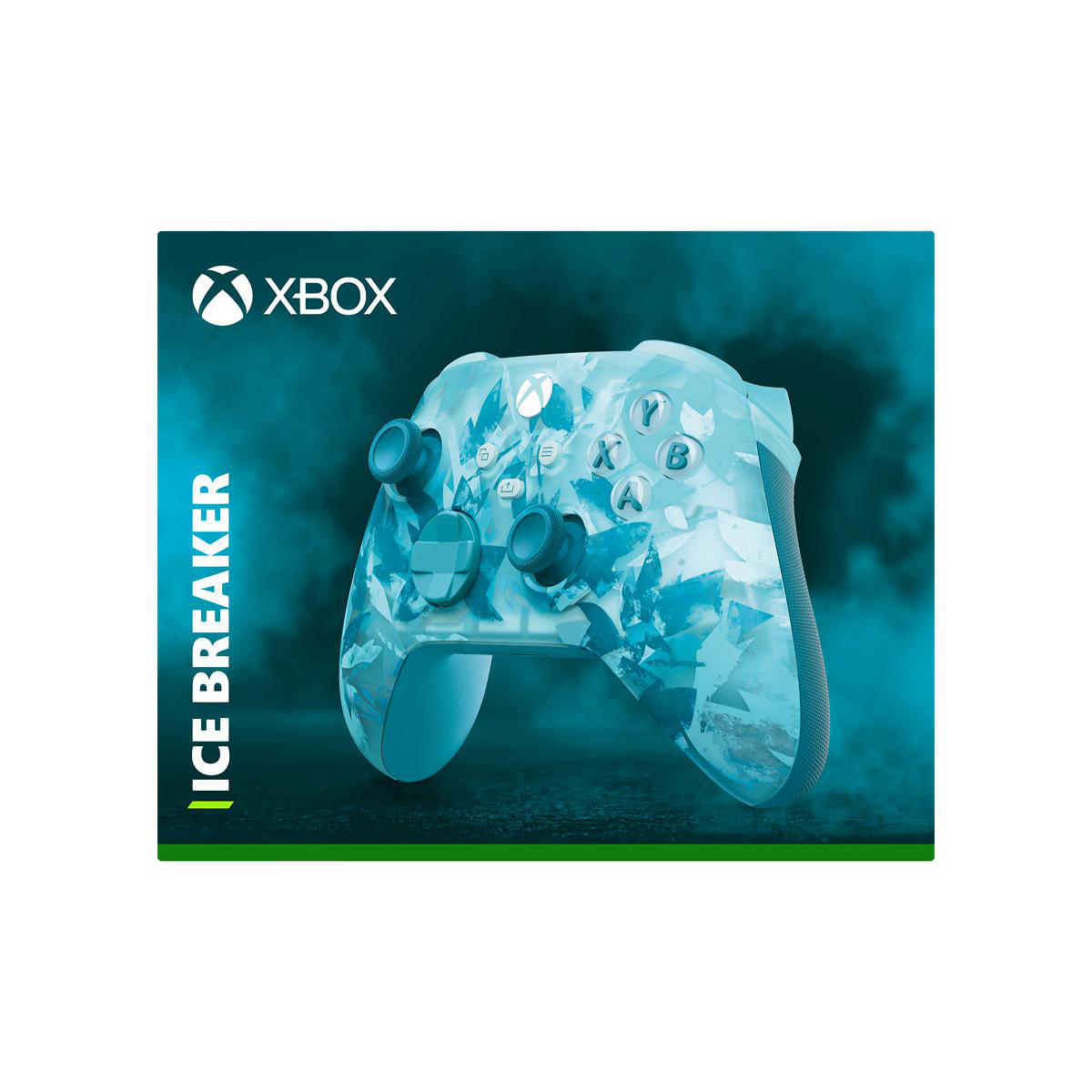 Ein Xbox Ice Breaker Controller. Er ist hellblau mit einem Kristallmuster. Der Hintergrund ist ein Farbverlauf von Blau.