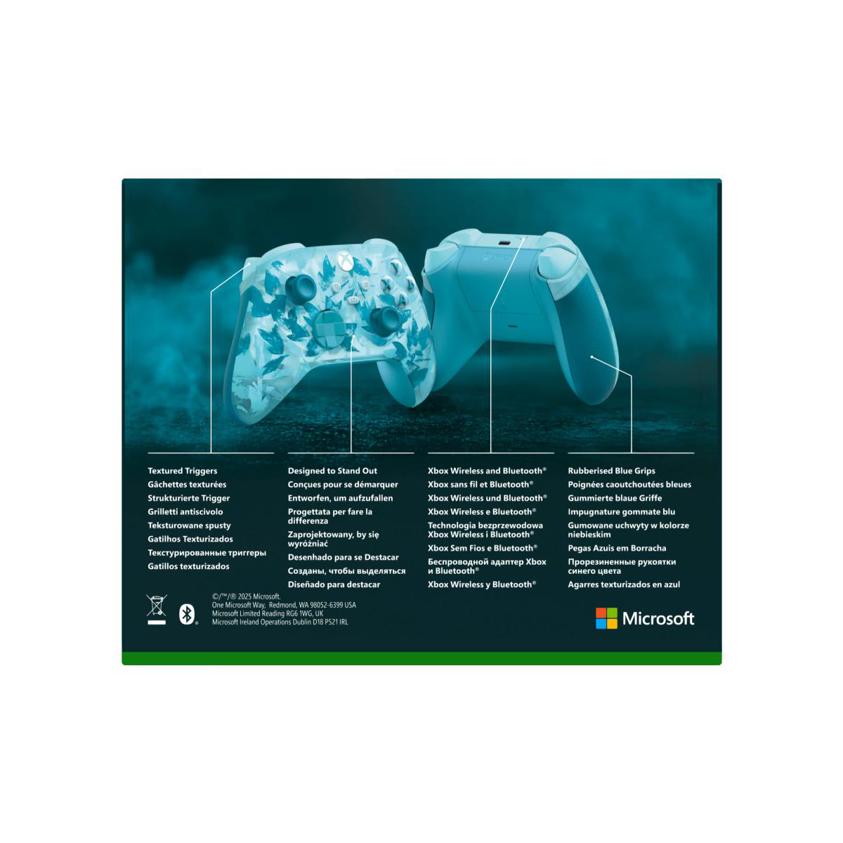 Zwei Xbox-Controller, einer mit Blumendesign, blau und weiß. Text links und Microsoft-Logo rechts.