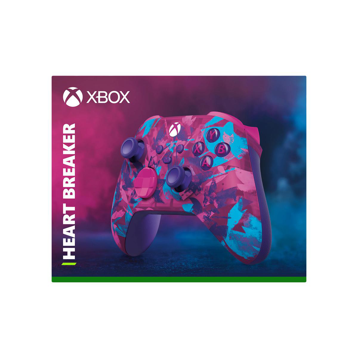 Ein Xbox Heart Breaker Controller mit rosa und blauem Camouflage-Design. Der Controller hat Tasten mit den Bezeichnungen A, B, X und Y.