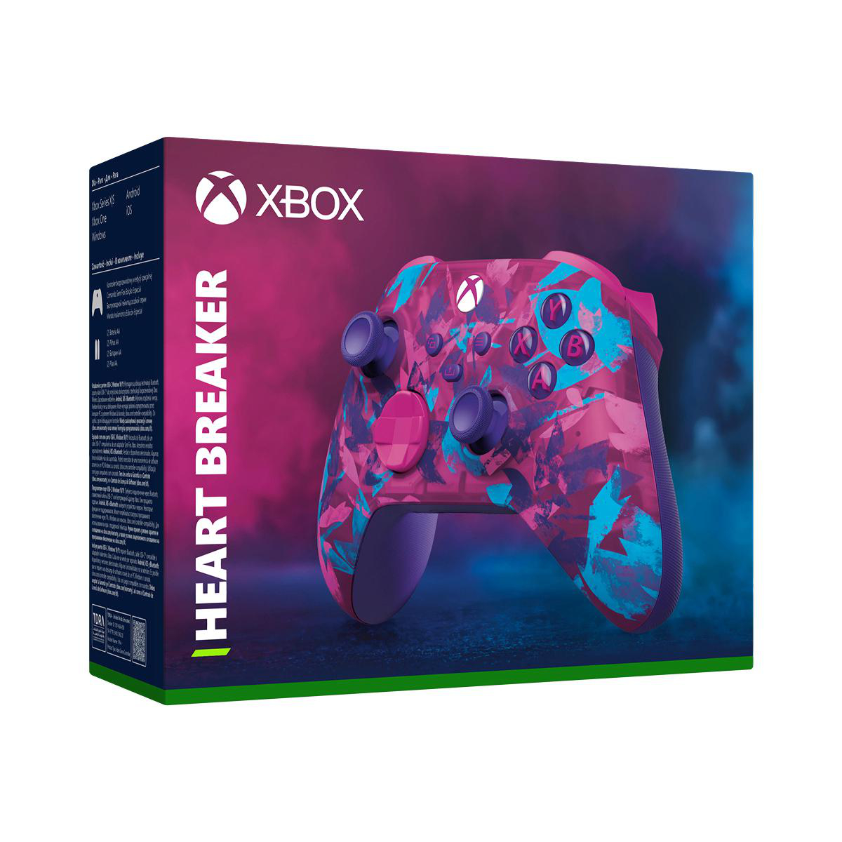 Xbox Heartbreaker Controller-Box. Der Controller ist pink und blau. Die Box ist grün mit dem Xbox-Logo.