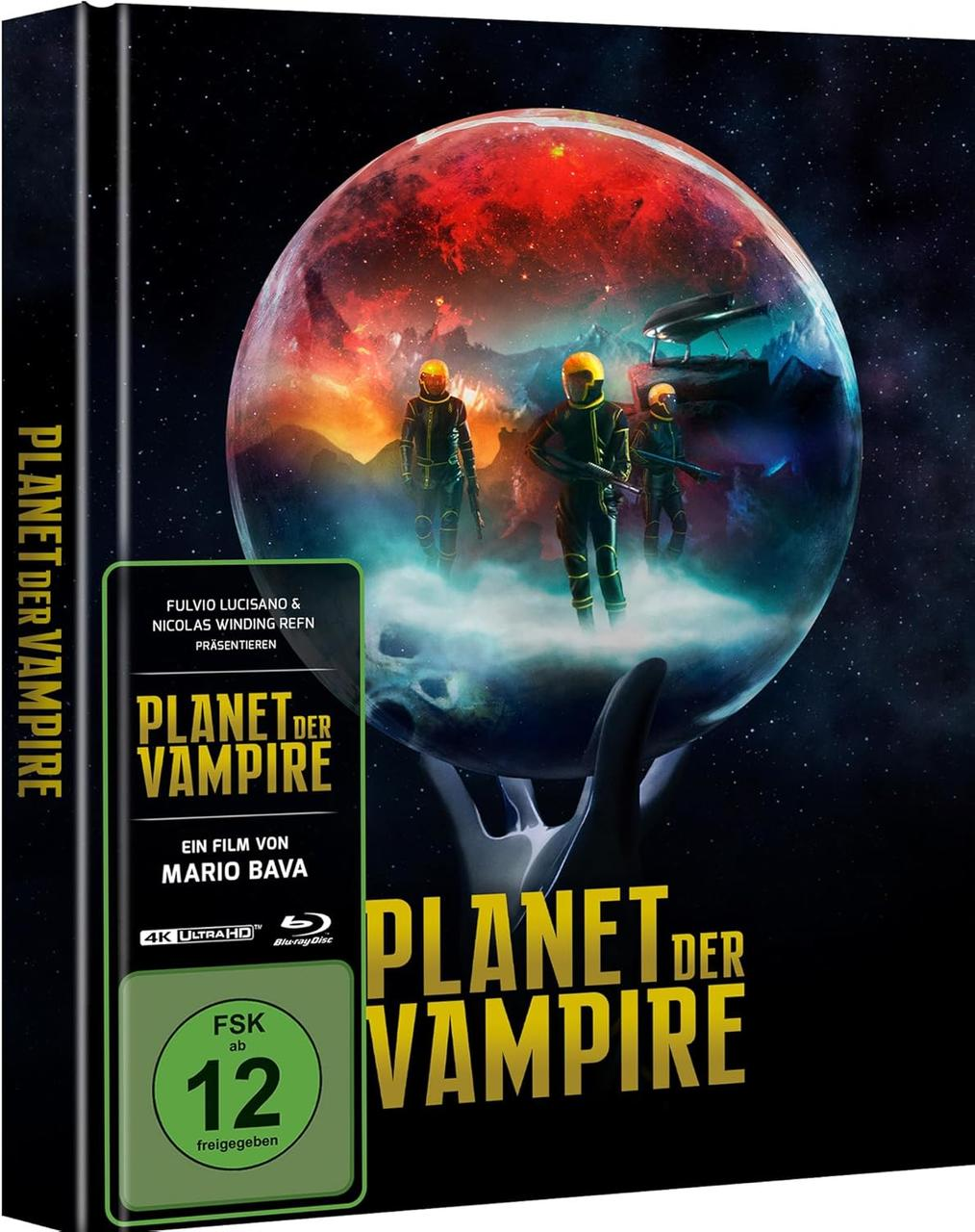 Filmcover: Planet der Vampire. Astronauten in Raumanzügen, ein Planet und Filmdetails. Enthält eine FSK-Bewertung ab 12.