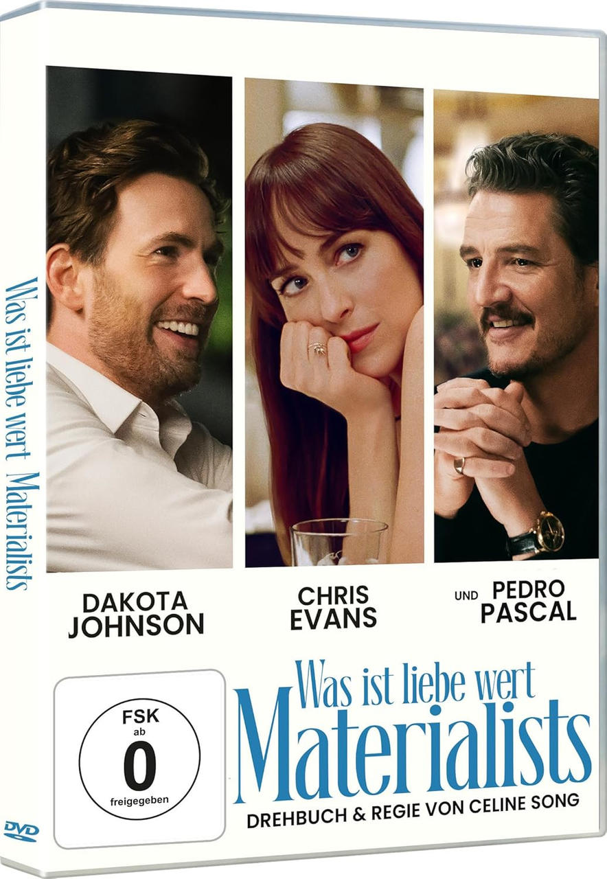 Filmcover mit Dakota Johnson, Chris Evans und Pedro Pascal. Titel: 'Was ist liebe wert Materialists'.
