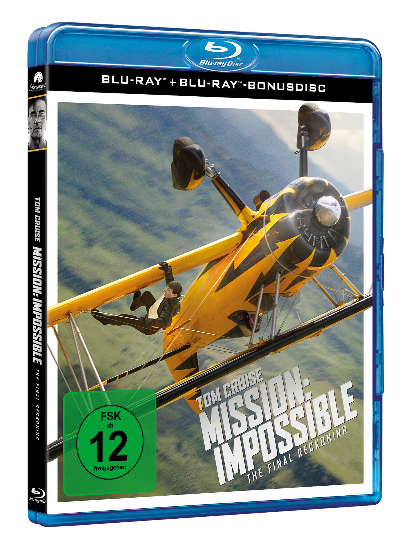Blu-ray-Cover von Mission: Impossible. Tom Cruise hängt an einem gelben Doppeldecker. Die Disc hat eine grüne FSK-12-Kennzeichnung.