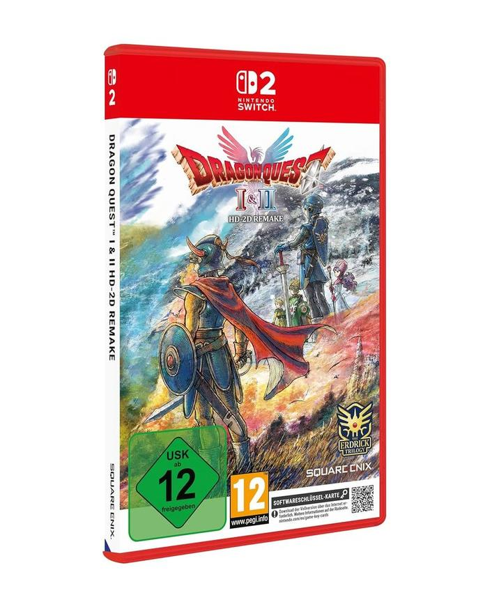 Eine Nintendo Switch-Spielbox. Sie zeigt einen Krieger mit einem Schwert, den Titel 'Dragon Quest' und eine Altersempfehlung von 12.