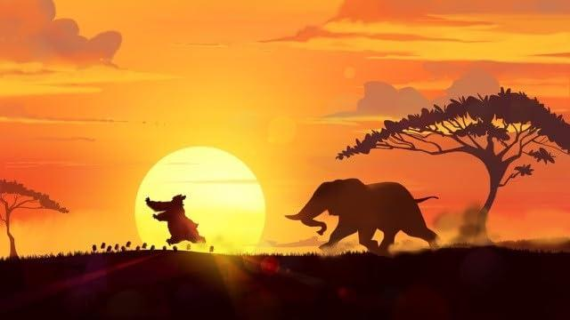 Eine Elefanten- und eine laufende Tiersilhouette vor einem Sonnenuntergang. Ein Baum und kleine Pflanzen vervollständigen die Szene.