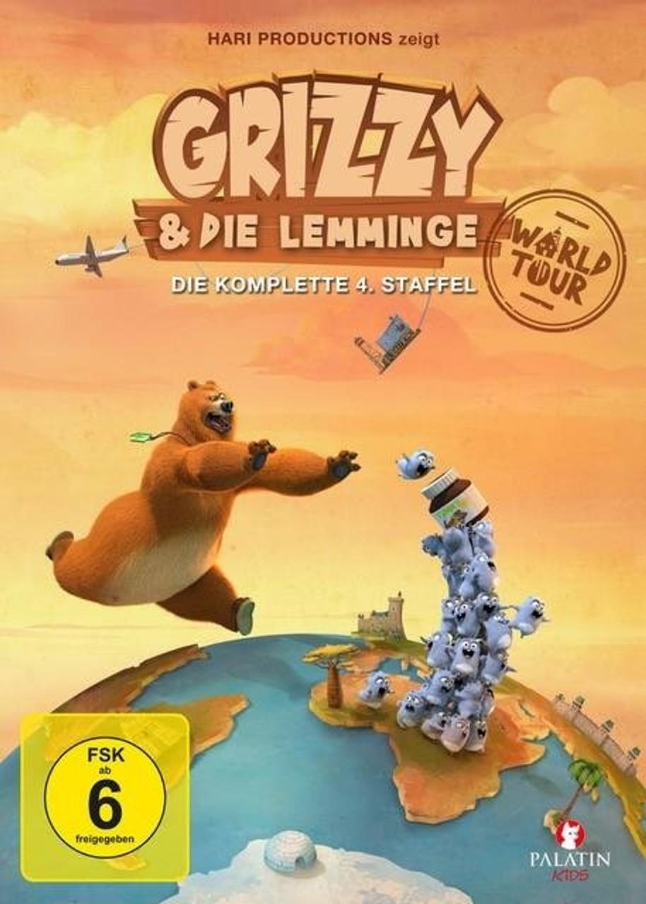 Ein Bär jagt Lemminge auf der Erde. Text: Grizzly & die Lemminge, Staffel 4.