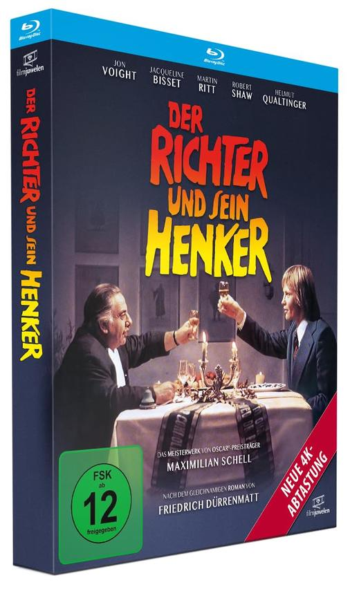 Blu-ray-Cover mit dem Filmtitel 'Der Richter und sein Henker'. Zwei Männer stoßen an einem Tisch an. Namen: Voight, Bisset, Ritt, Shaw.