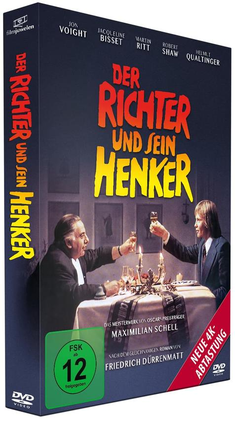 DVD-Cover: Zwei Männer stoßen mit Getränken an, ein Tisch mit Kerzen und der Titel „Der Richter und sein Henker“.