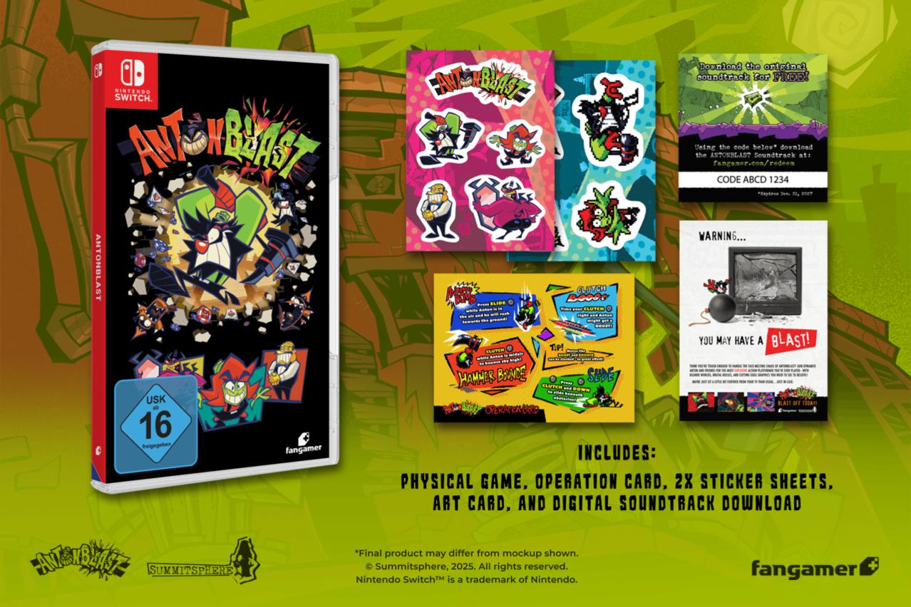 Spielverpackung mit Aufklebern, Art Card und digitalem Soundtrack. Es zeigt ein Nintendo Switch-Spiel und mehrere Werbematerialien.
