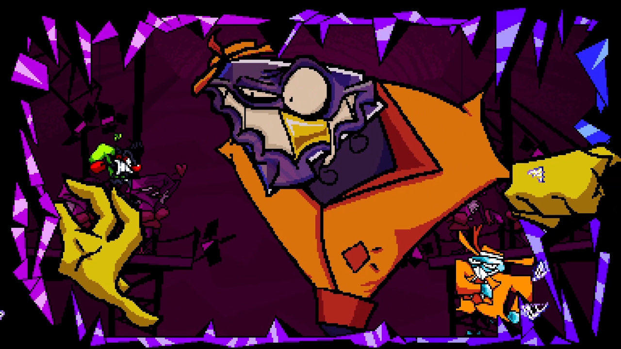 Cartoon-Bild. Eine Figur in einem orangefarbenen Anzug, lila Hut, gelber Hand und andere Charaktere in einem dunklen, geometrischen Hintergrund.
