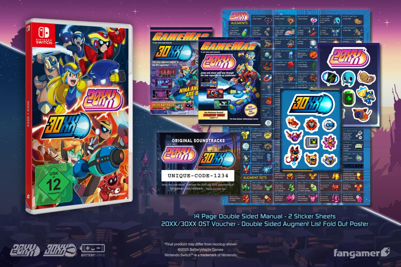 Das Bild zeigt eine Nintendo Switch-Spielverpackung, Zeitschriften, Aufkleber und ein Poster mit dem Spiel 20XX und 30XX.