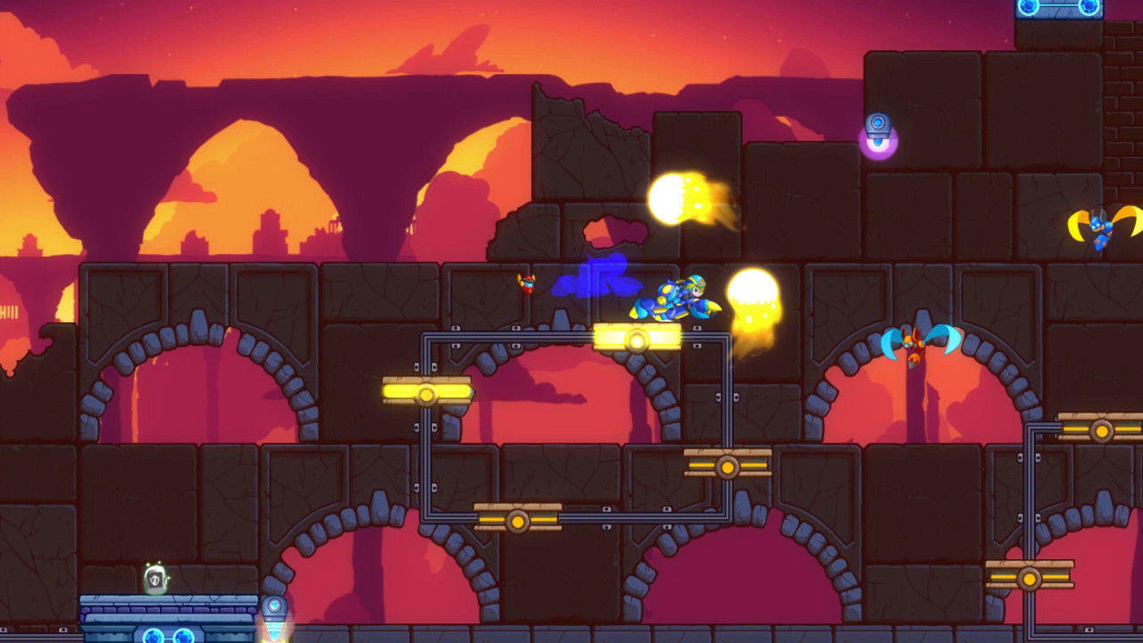Eine Platformer-Spielszene zeigt einen Charakter, der in einem blau-gelben Anzug fliegt. Feinde und Plattformen sind in einer feurigen Umgebung vorhanden.
