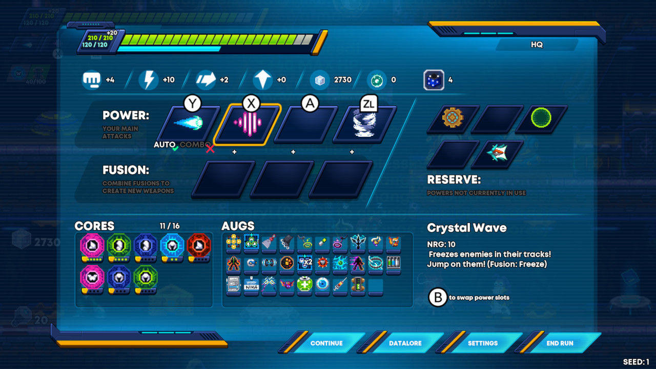 Blaues Spielinterface mit Power-Ups, Waffen und Statistiken. Symbole und Text sind sichtbar, unten steht 'Crystal Wave'.