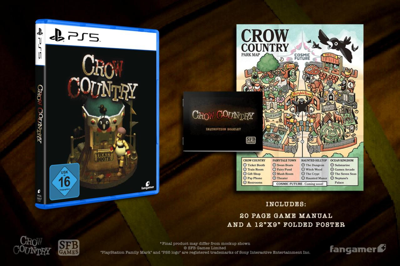 Spielbox, Anleitungsheft und Karte für 'Crow Country'. Enthält eine Ticket-Booth-Illustration und eine Parkkartenübersicht.