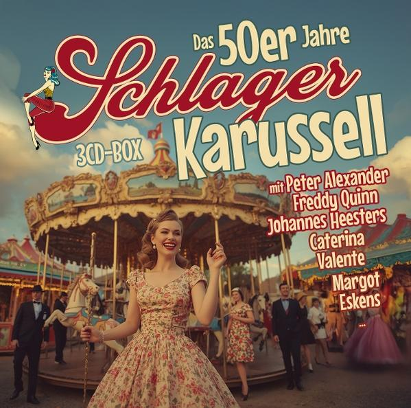 Eine Frau im geblümten Kleid steht vor einem 50er-Jahre-Karussell mit Künstlernamen.