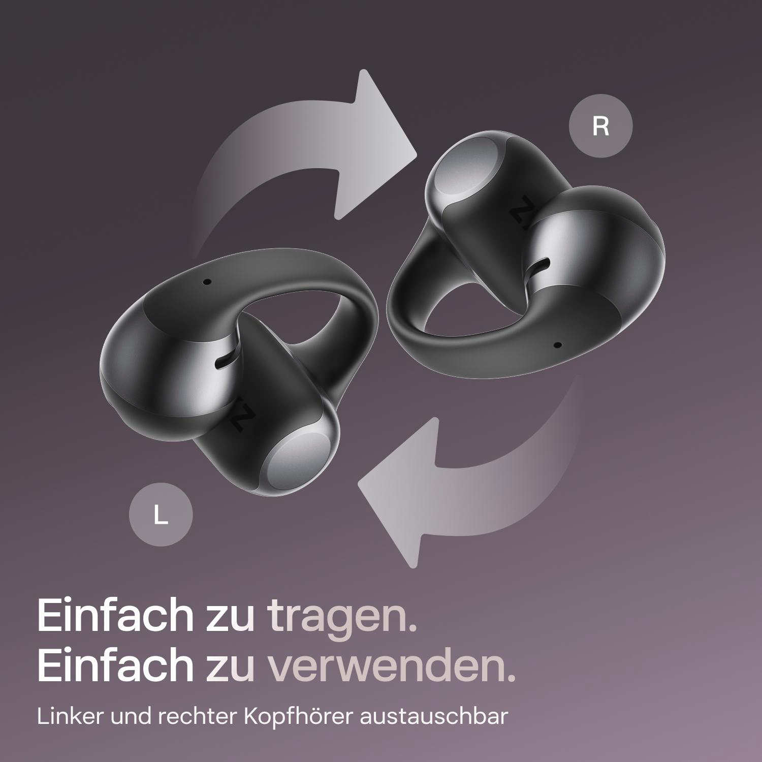 Zwei schwarze Ohrhörer mit Pfeilen, die eine kreisförmige Bewegung anzeigen. Text: 'Einfach zu tragen. Einfach zu verwenden.'