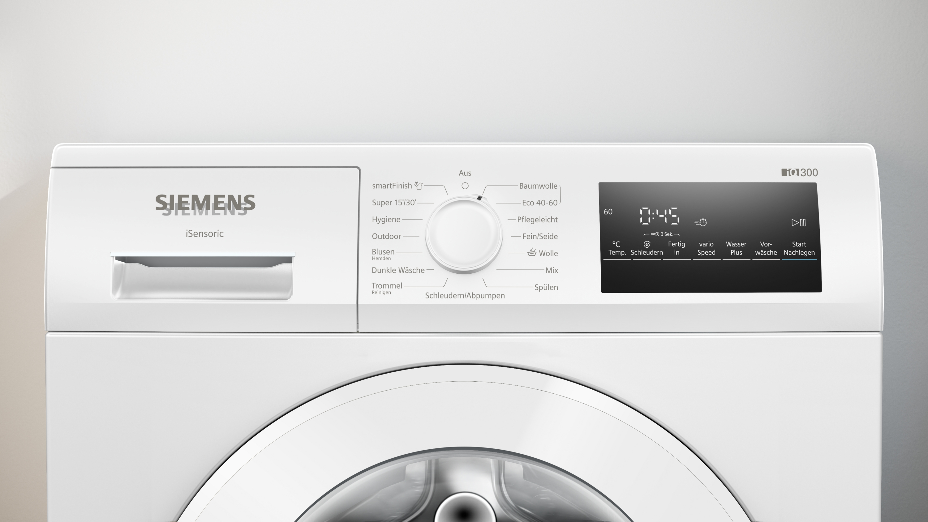Eine weiße Siemens-Waschmaschine mit Bedienfeld, Drehknopf und Digitalanzeige mit Zeit und Optionen.