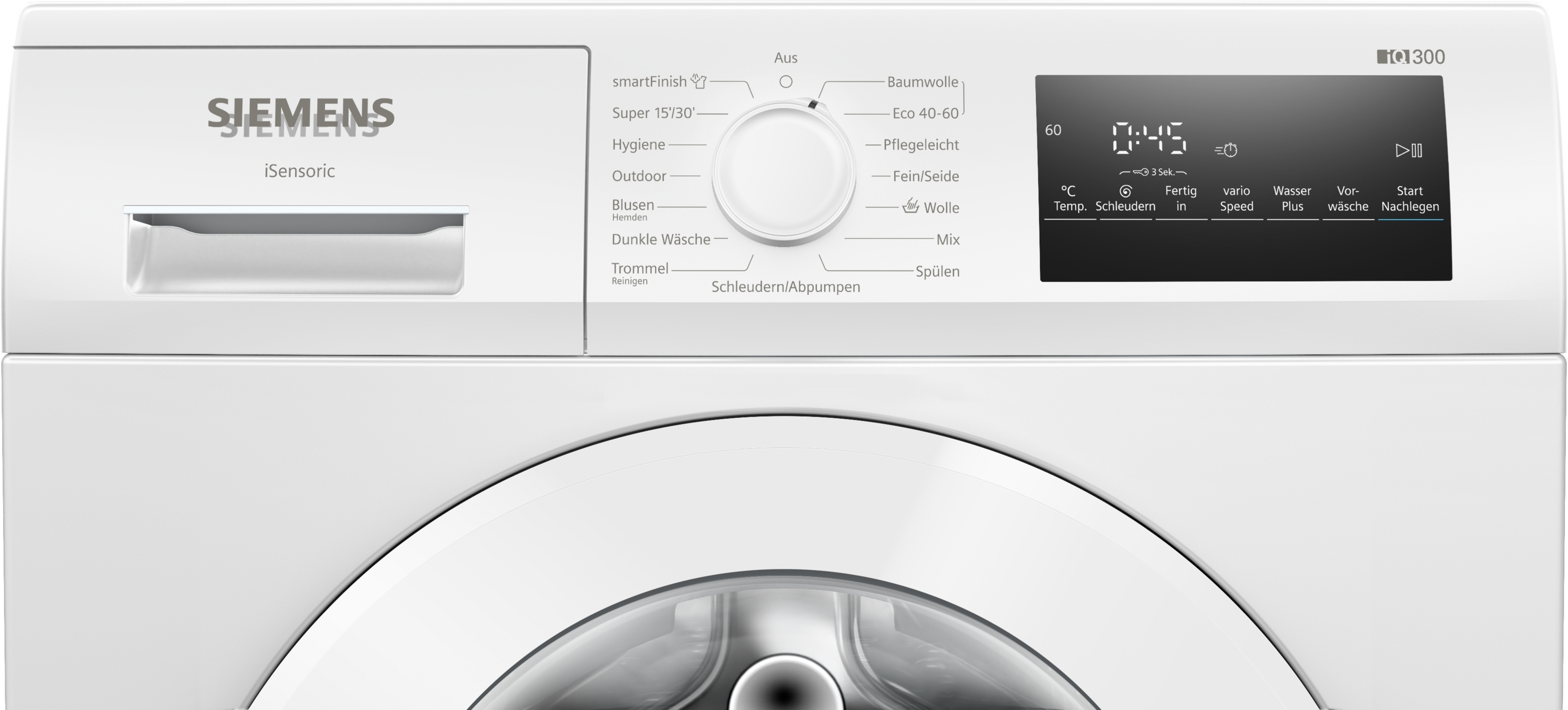 Eine weiße Siemens Waschmaschine. Sie hat Bedienelemente, eine Anzeige und ein Wahlrad für Wascheinstellungen.