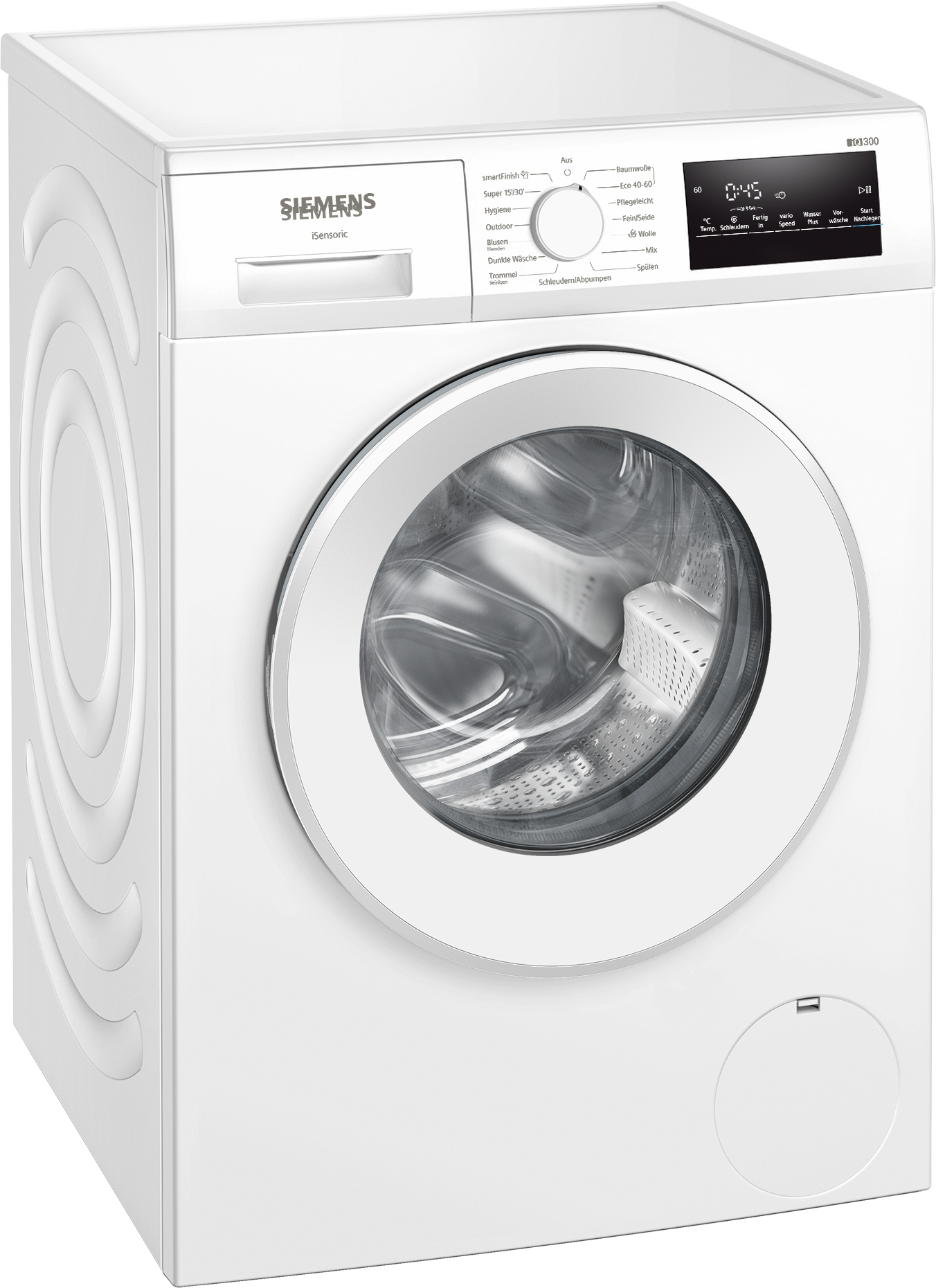 Eine weiße Siemens-Waschmaschine. Sie hat eine runde Tür, ein Bedienfeld und ein Display mit der Anzeige 0:45. Der Markenname ist sichtbar.