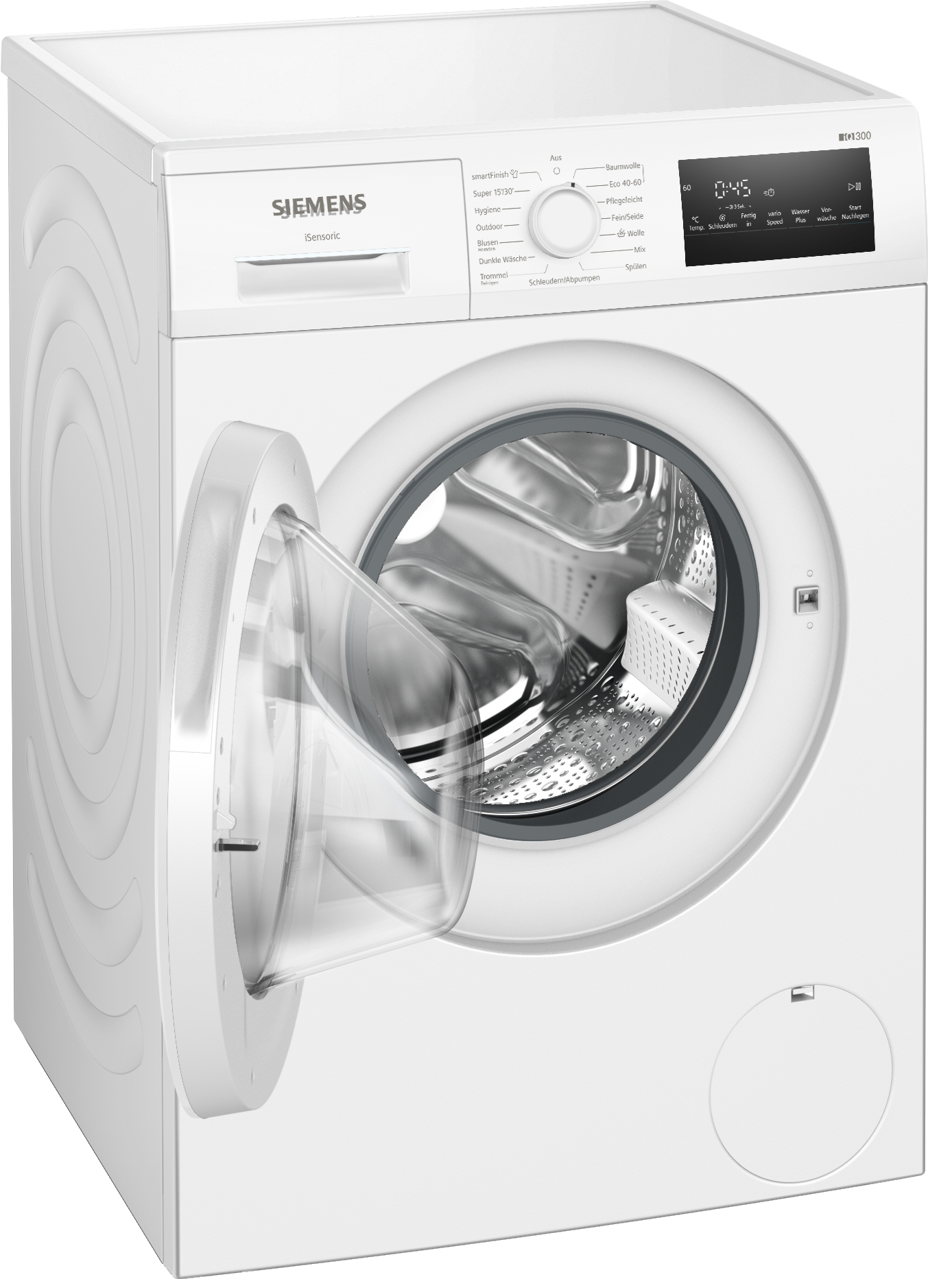 Eine weiße Siemens Waschmaschine mit offener Tür. Sie hat ein digitales Display und Bedientasten.