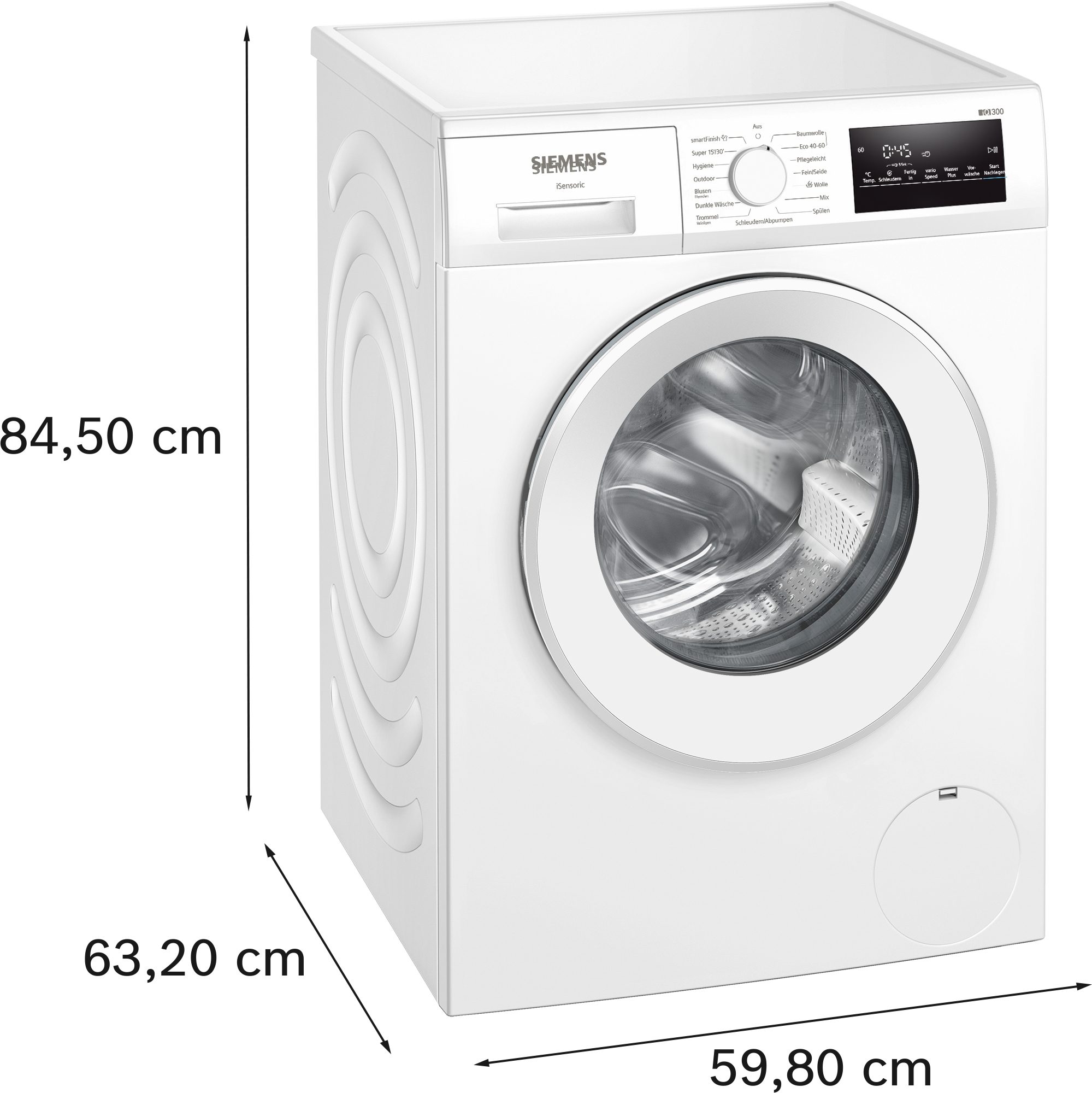 Eine weiße Siemens Waschmaschine mit Abmessungen. Die Maschine hat ein Bedienfeld und eine runde Tür. Messungen werden angezeigt.