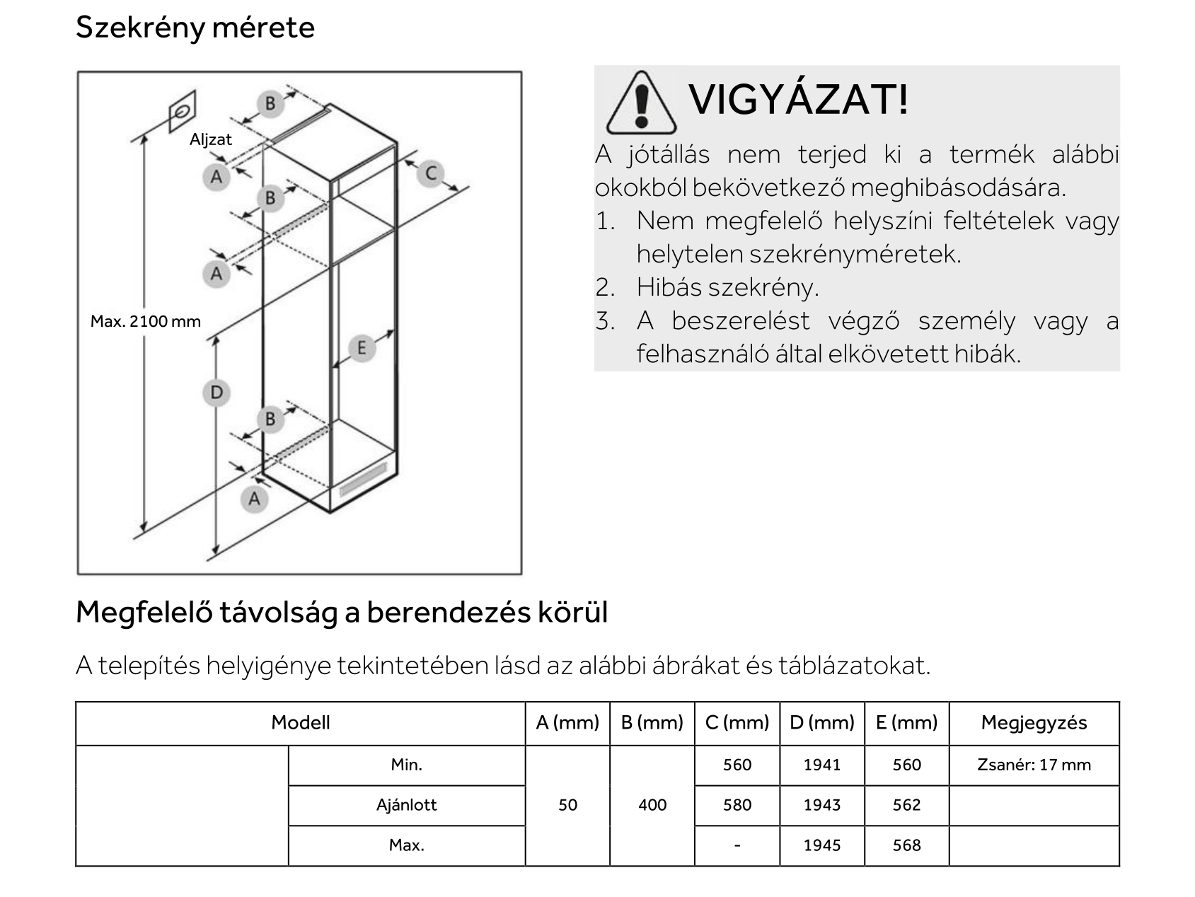 Szekrény rajza méretekkel és egy táblázat mm-ben. Figyelmeztetés a garanciális feltételekről.