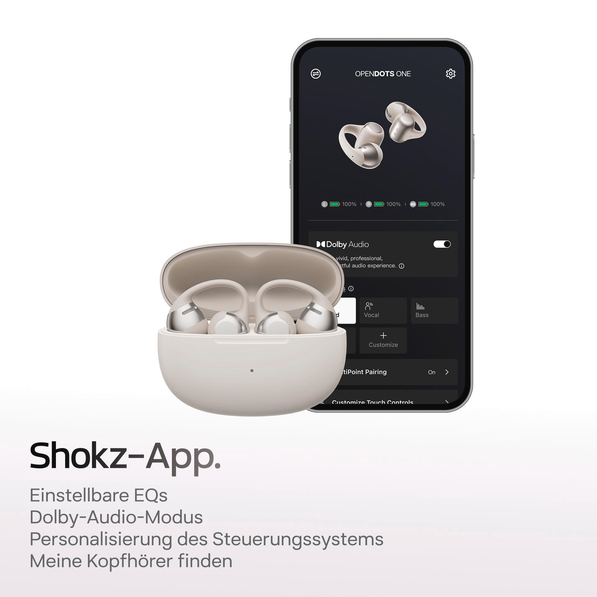 Ohrhörer in einem Etui und auf einem Telefonbildschirm. Telefon zeigt Einstellungen und Ohrhörerstatus. Text darunter: Shokz-App.