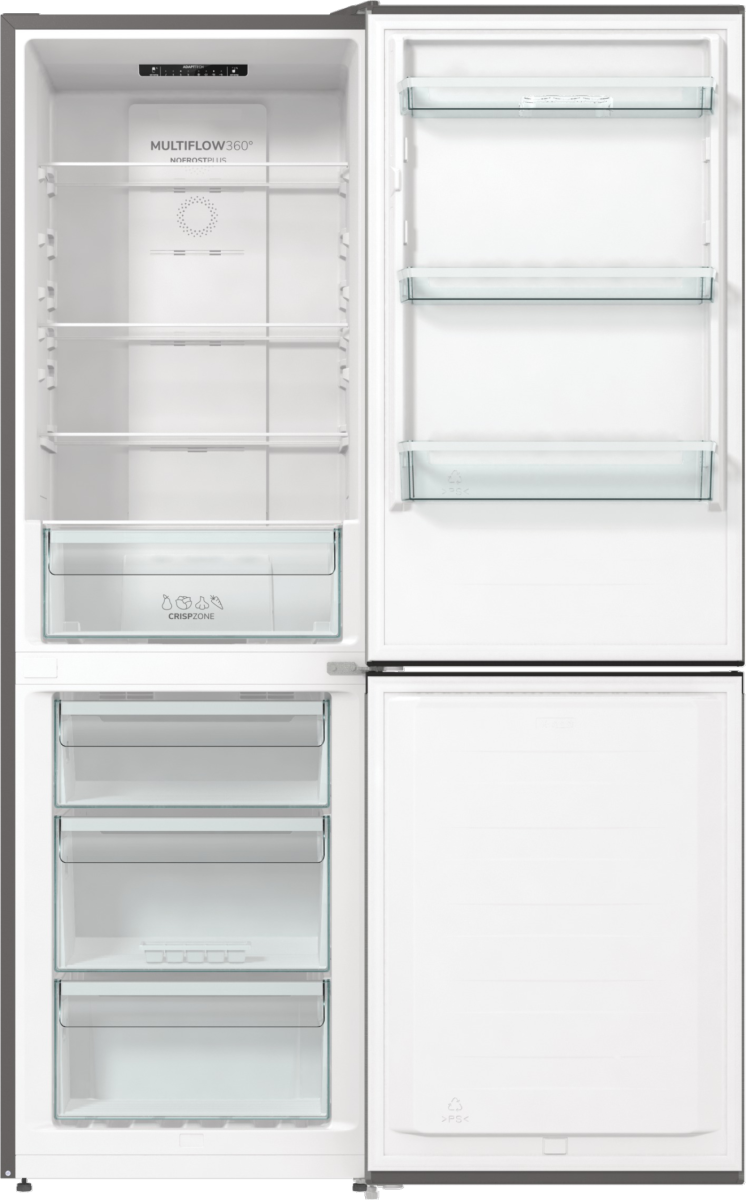 Otwarta lodówka z wieloma półkami, szufladami i przegródkami. Wnętrze jest białe, ze szklanymi półkami i szufladami. Drzwi są otwarte.