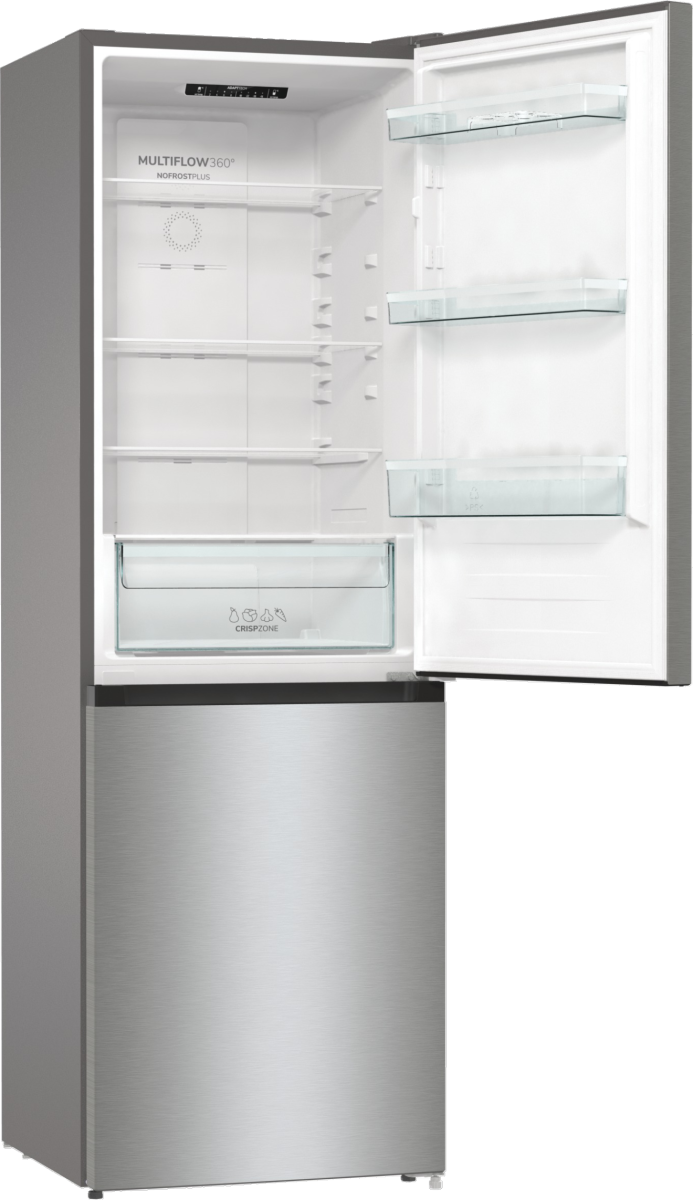 Lodówka ze stali nierdzewnej z otwartymi drzwiami. Wewnątrz półki, szuflady i etykiety, takie jak 'CrispZone'.