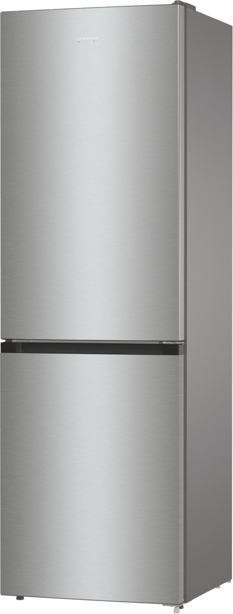 Lodówka ze stali nierdzewnej, z dwudrzwiową konstrukcją. Górne drzwi są większe od dolnych.