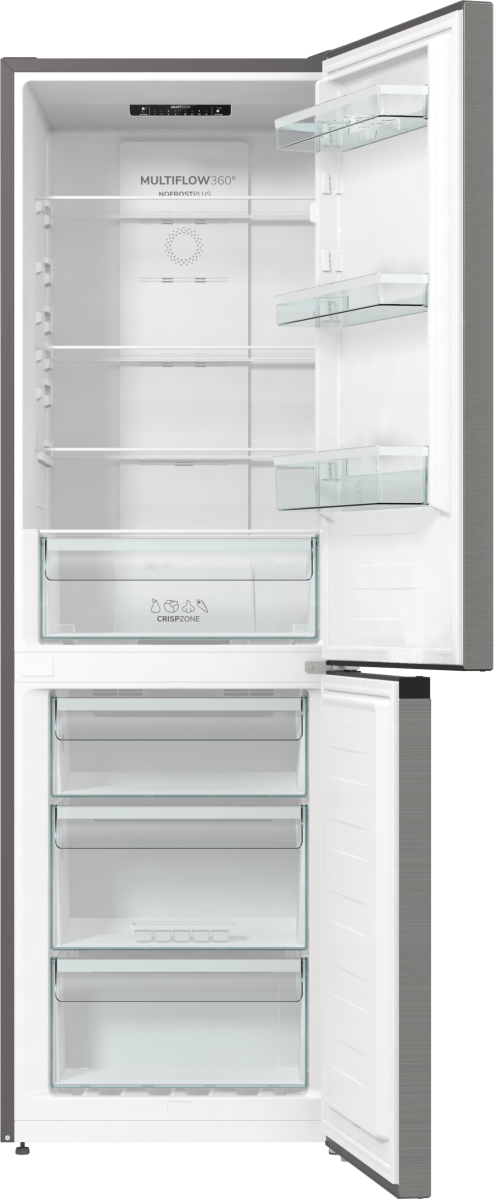 Otwarta lodówka z półkami, szufladami i szufladą CRISPZONE. Drzwi są otwarte, odsłaniając wnętrze.