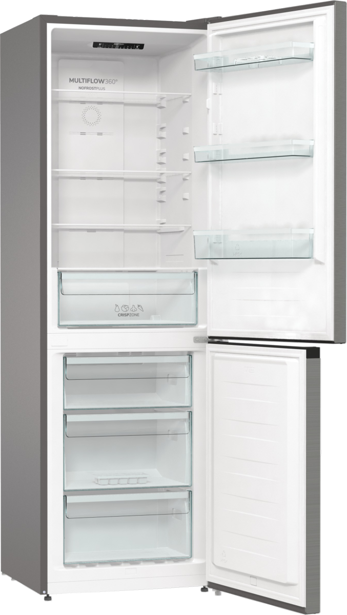 Otwarta biała lodówka z kilkoma półkami, szufladami i szklanymi panelami. Drzwi zamrażarki również są otwarte, pokazując więcej półek.