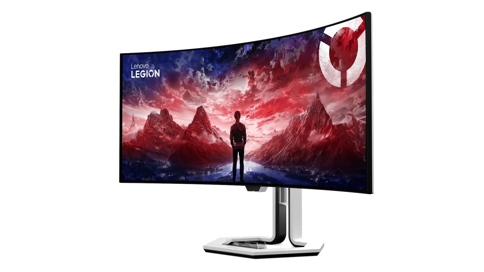 Monitor curvo Lenovo Legion. La pantalla muestra a una persona de pie frente a montañas rojas. El monitor tiene un soporte blanco y plateado.