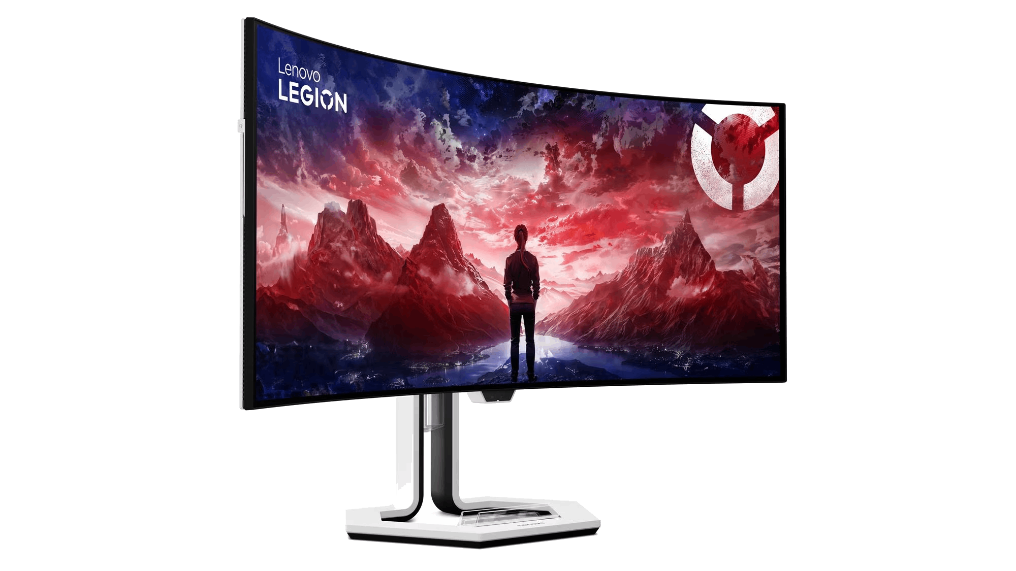 El monitor curvo Lenovo Legion muestra un paisaje con una persona frente a montañas y un cielo rojo.