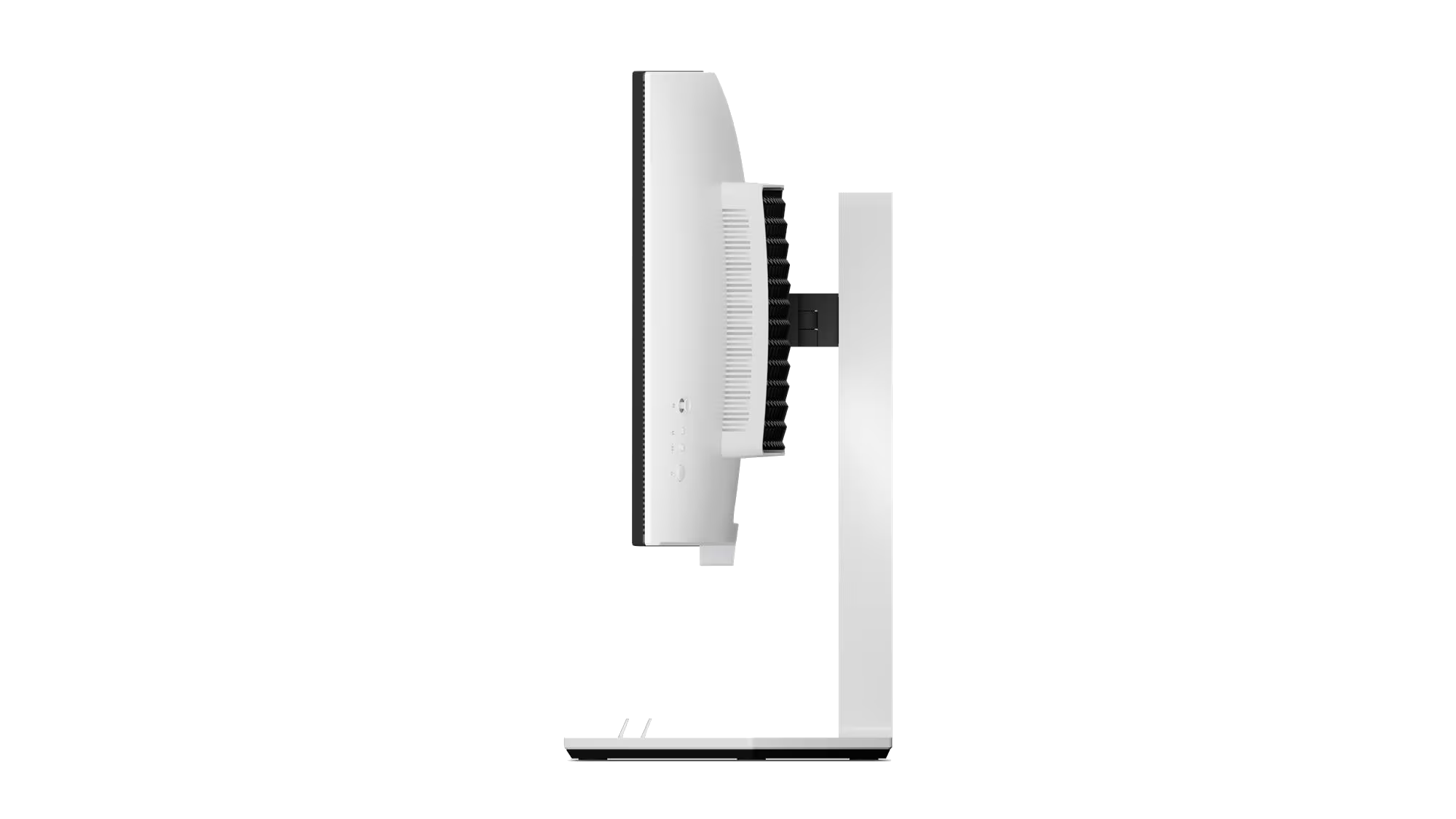 Un monitor de computadora blanco se ve de lado. Está sobre un soporte blanco sobre fondo negro. Se ven los detalles del monitor.