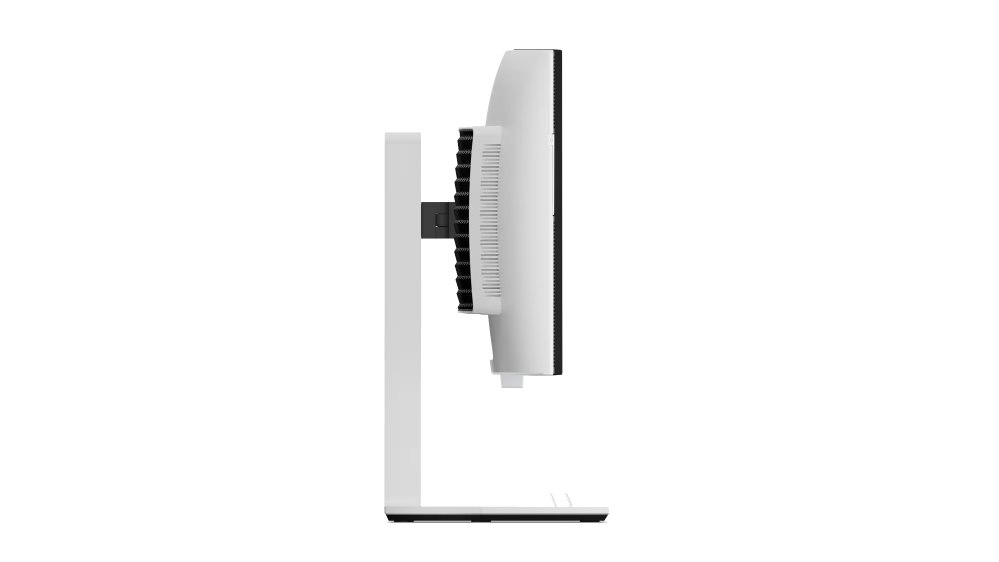 Se ve un monitor de computadora blanco de lado sobre un fondo negro. El monitor está sobre un soporte blanco.
