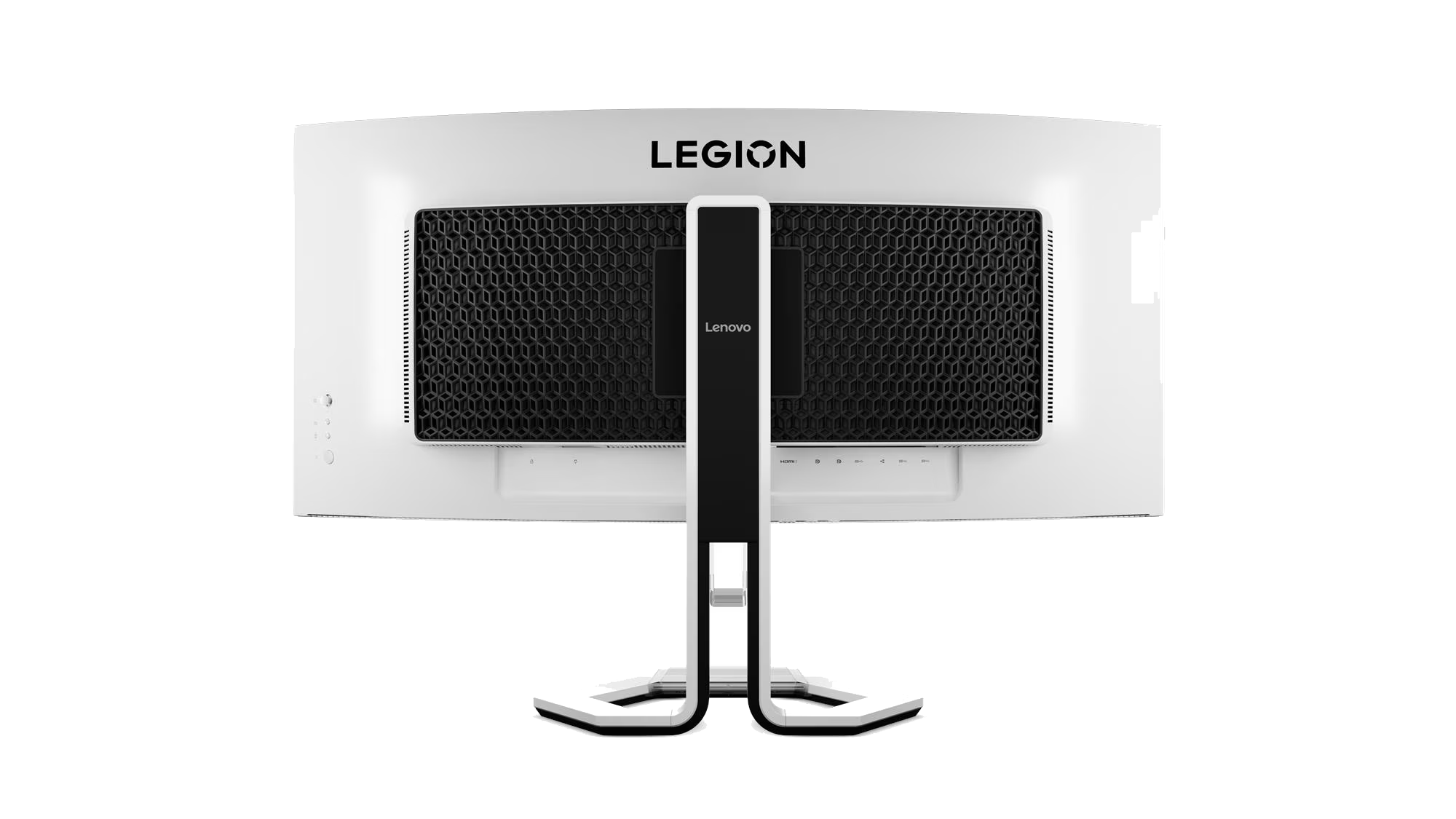 Parte trasera de un monitor Lenovo Legion blanco. La parte trasera tiene una malla negra, el logo de Lenovo y el logo de Legion. Se apoya en un soporte blanco y negro.