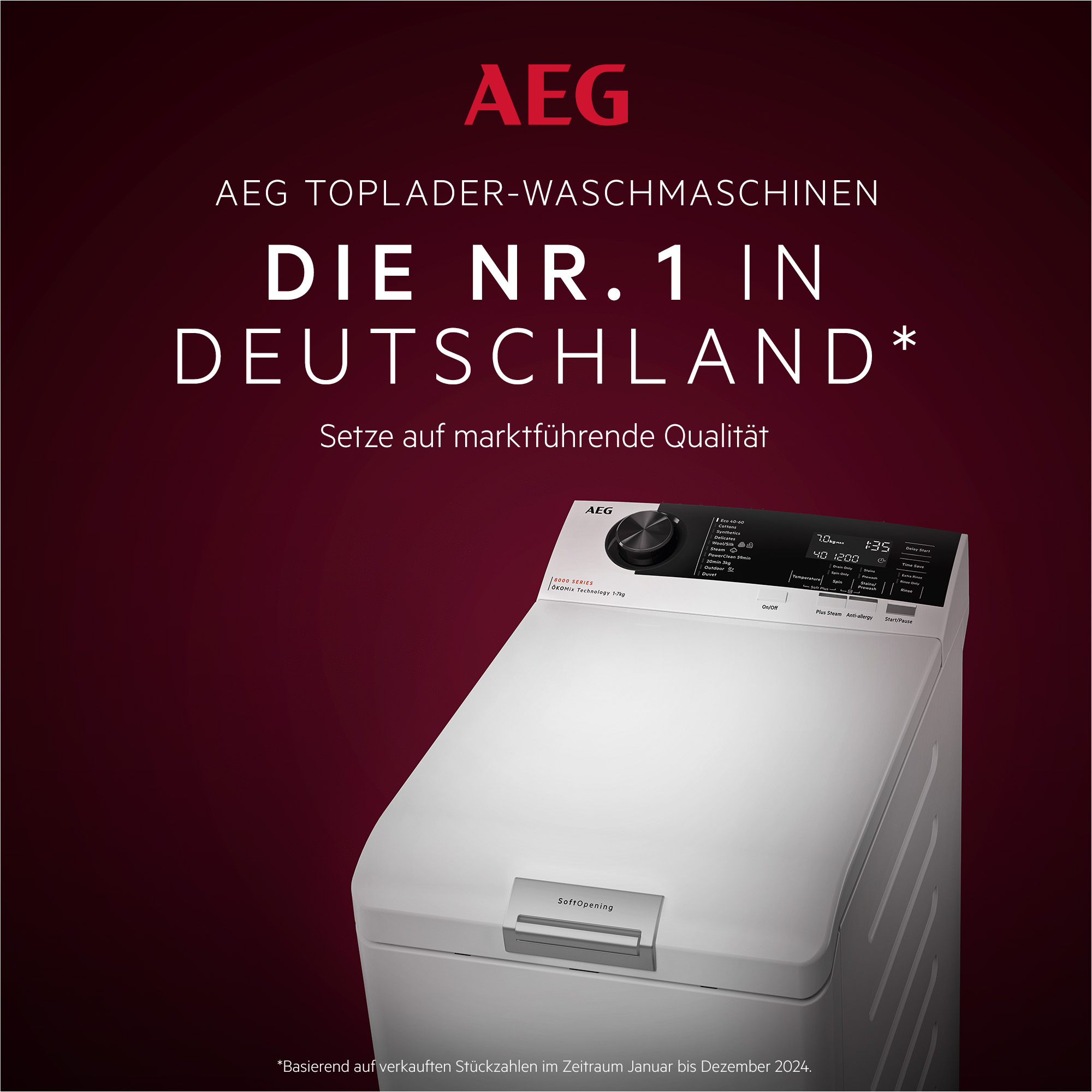 Eine AEG-Anzeige zeigt eine weiße Toplader-Waschmaschine. Text: Die Nr. 1 in Deutschland. Roter Hintergrund mit AEG-Logo.