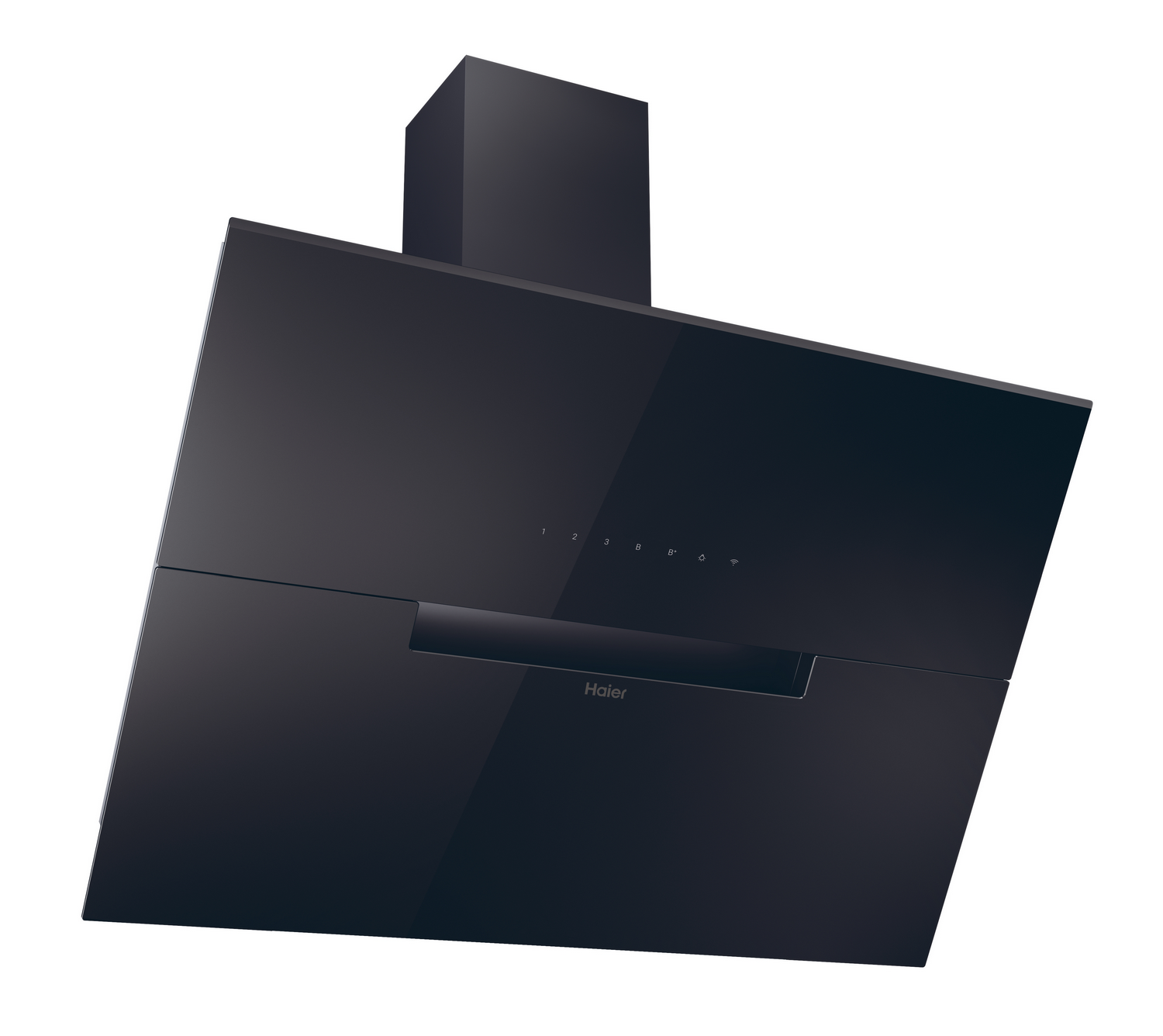 Una campana extractora Haier negra, en ángulo sobre un fondo blanco. Tiene un diseño rectangular con controles táctiles y luz integrada.