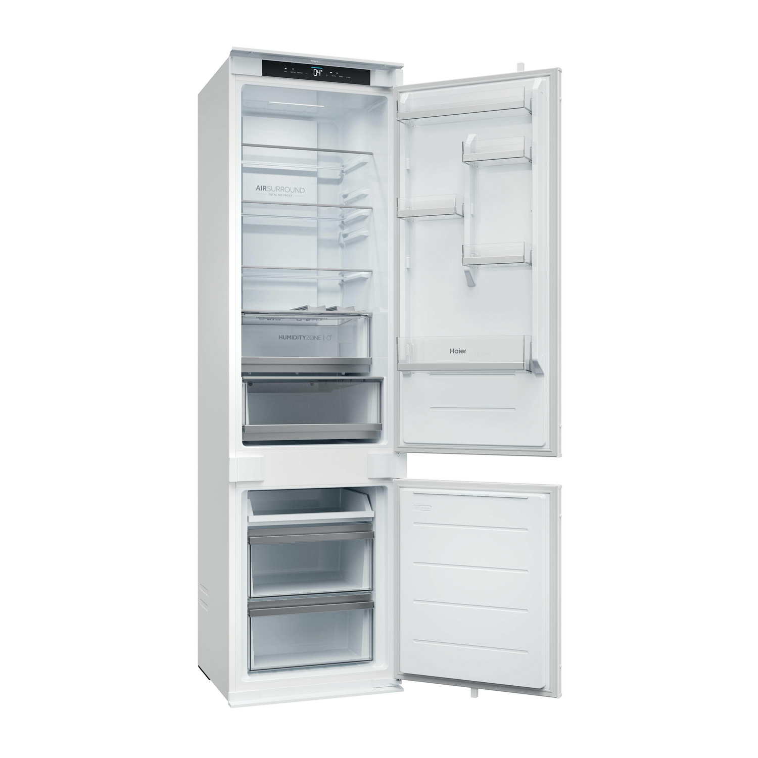 Refrigerador blanco, puertas abiertas, mostrando estantes, cajones y pantalla digital. Interior vacío.